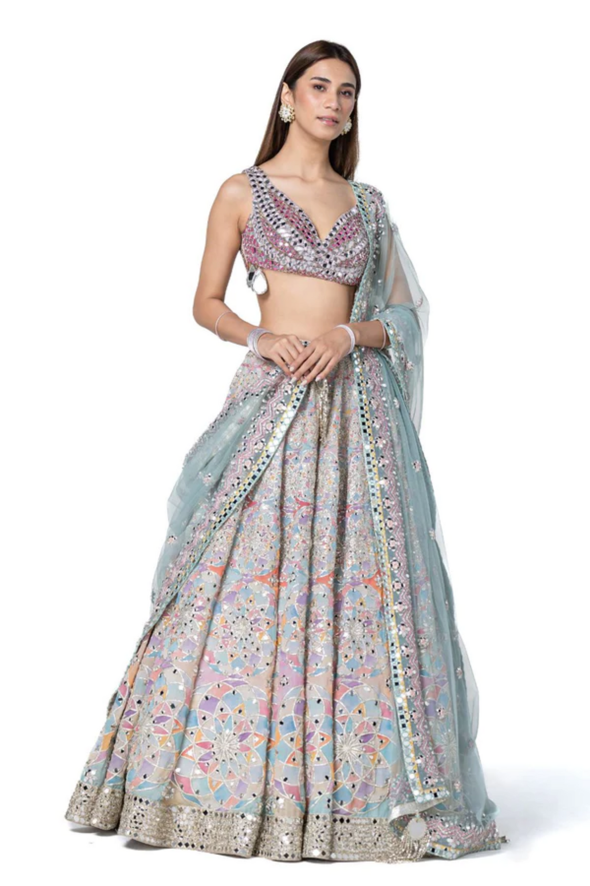 Pastel Shade Hande Embroidred Lehenga Set