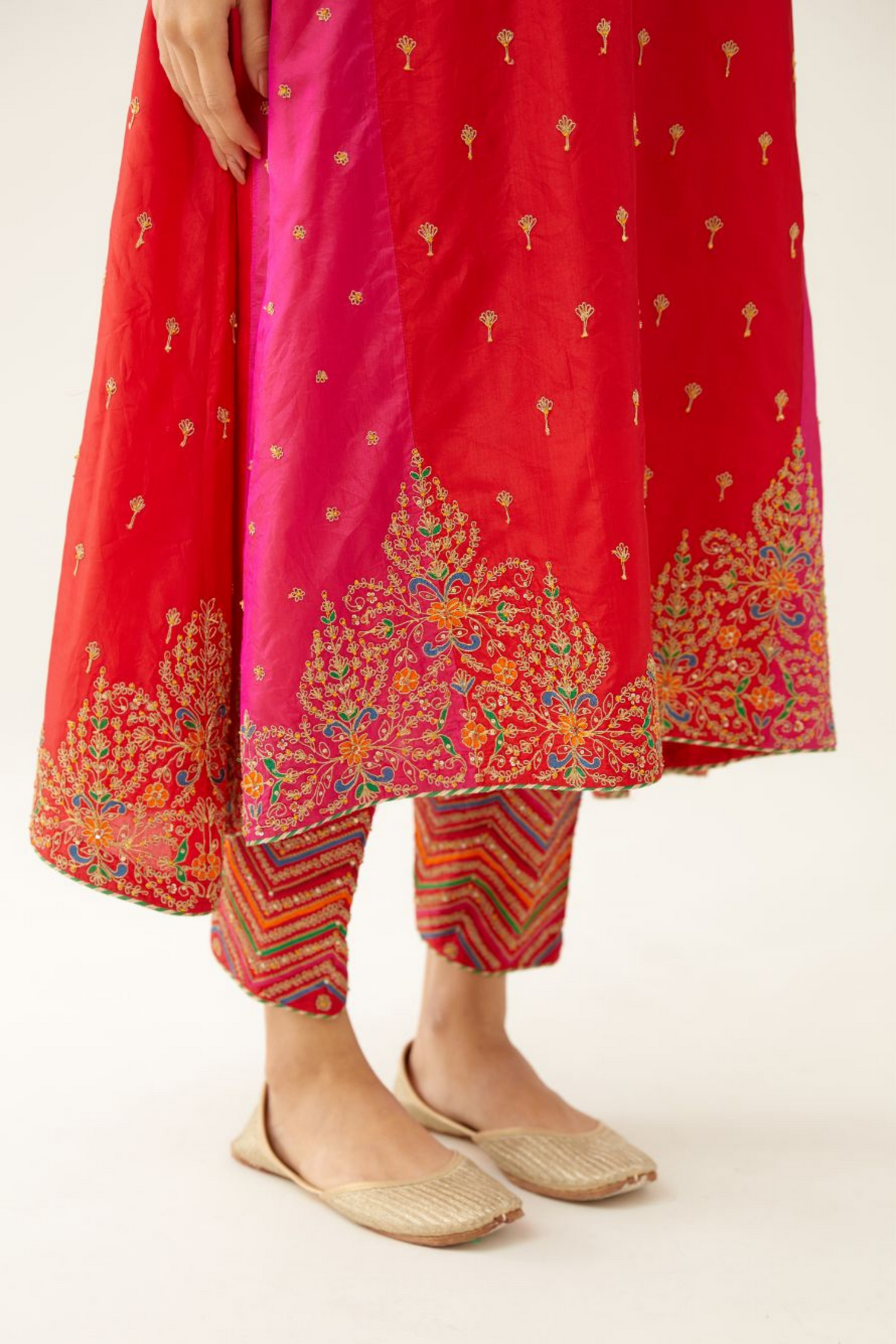 Red &amp; Fuchsia Silk Kalidar Kurta Set