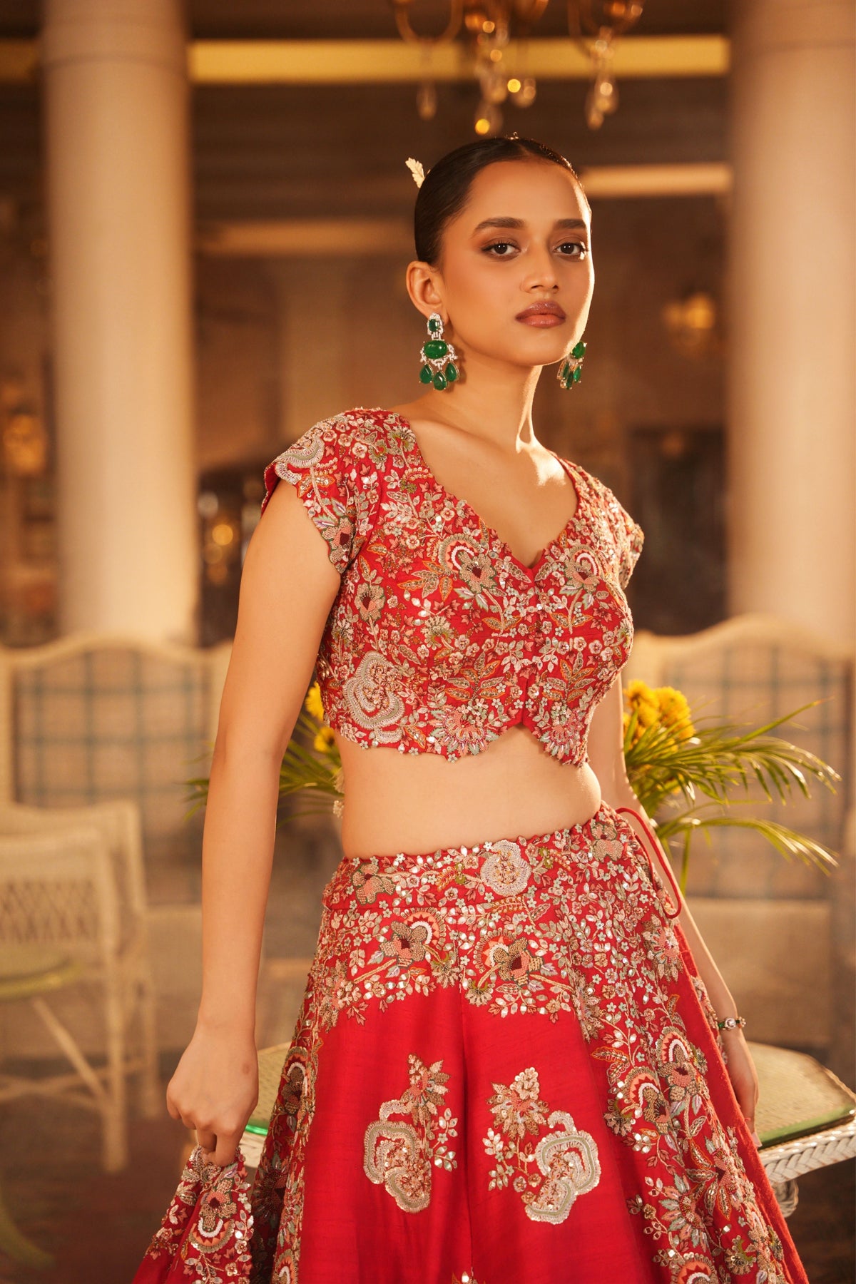 Hand Embroidered Red Placement Embroidered Lehenga Set