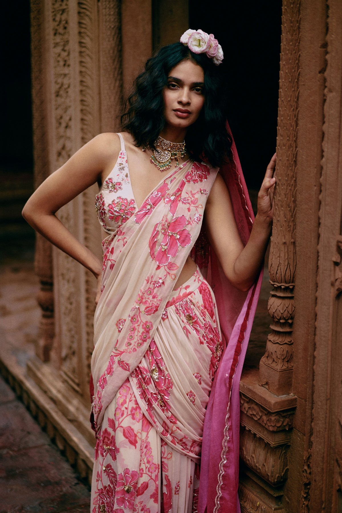 Abstract Floral Embroidered Saree Set