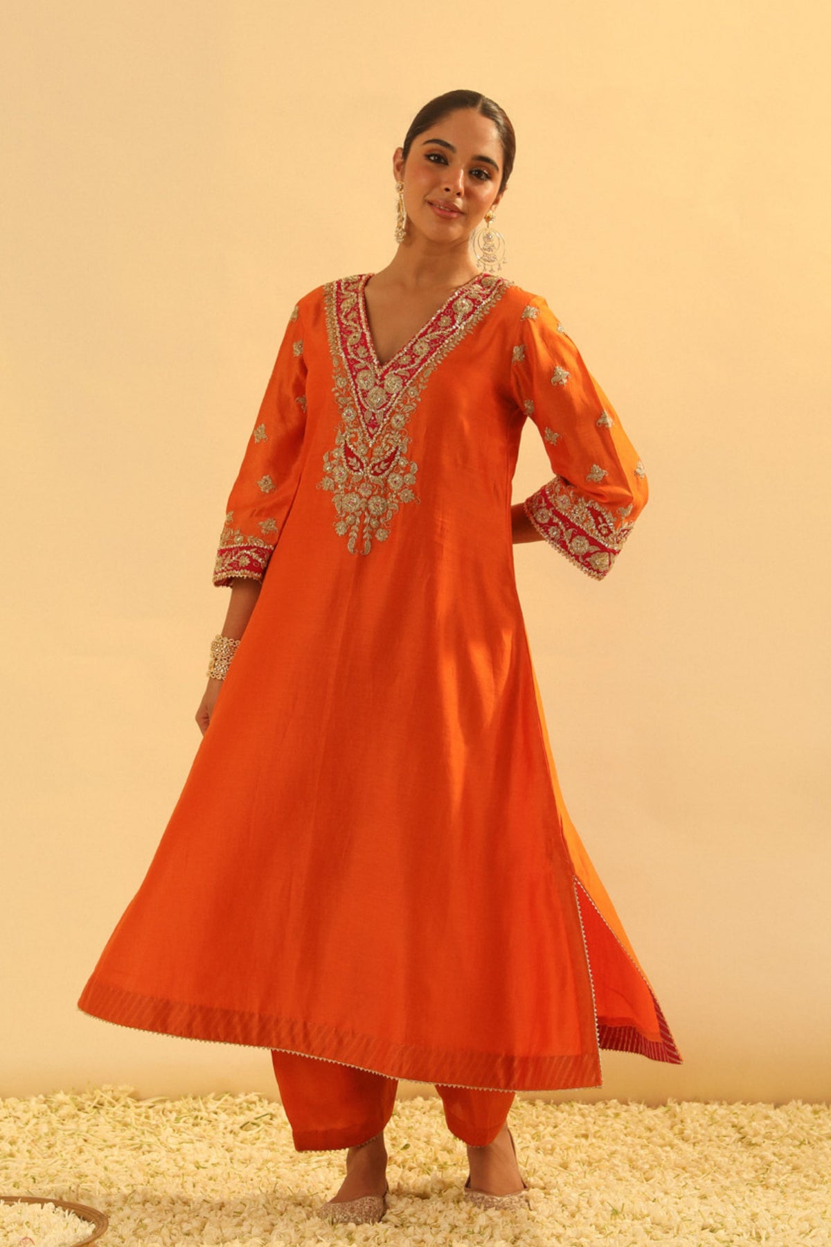 Alima Orange Long A-line Chauga With Salwar