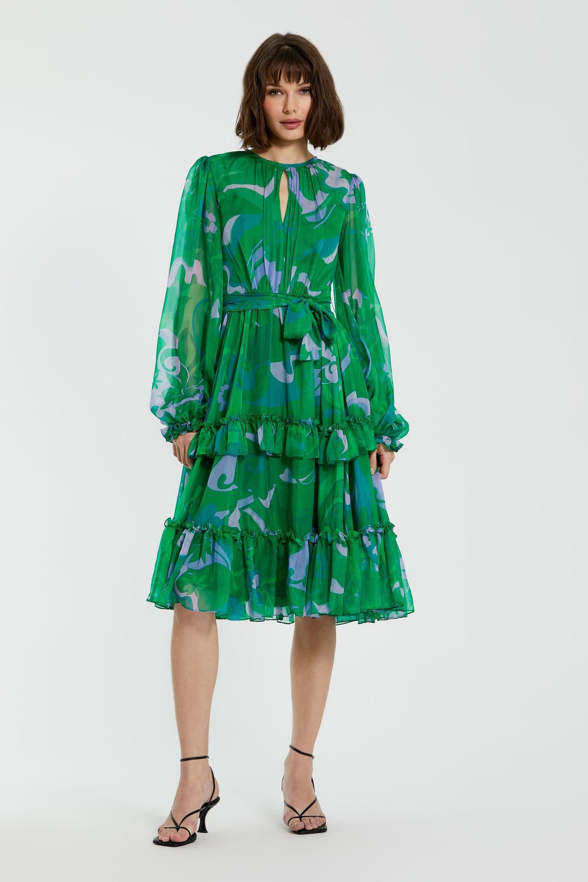 Green Printed Chiffon Midi Dress