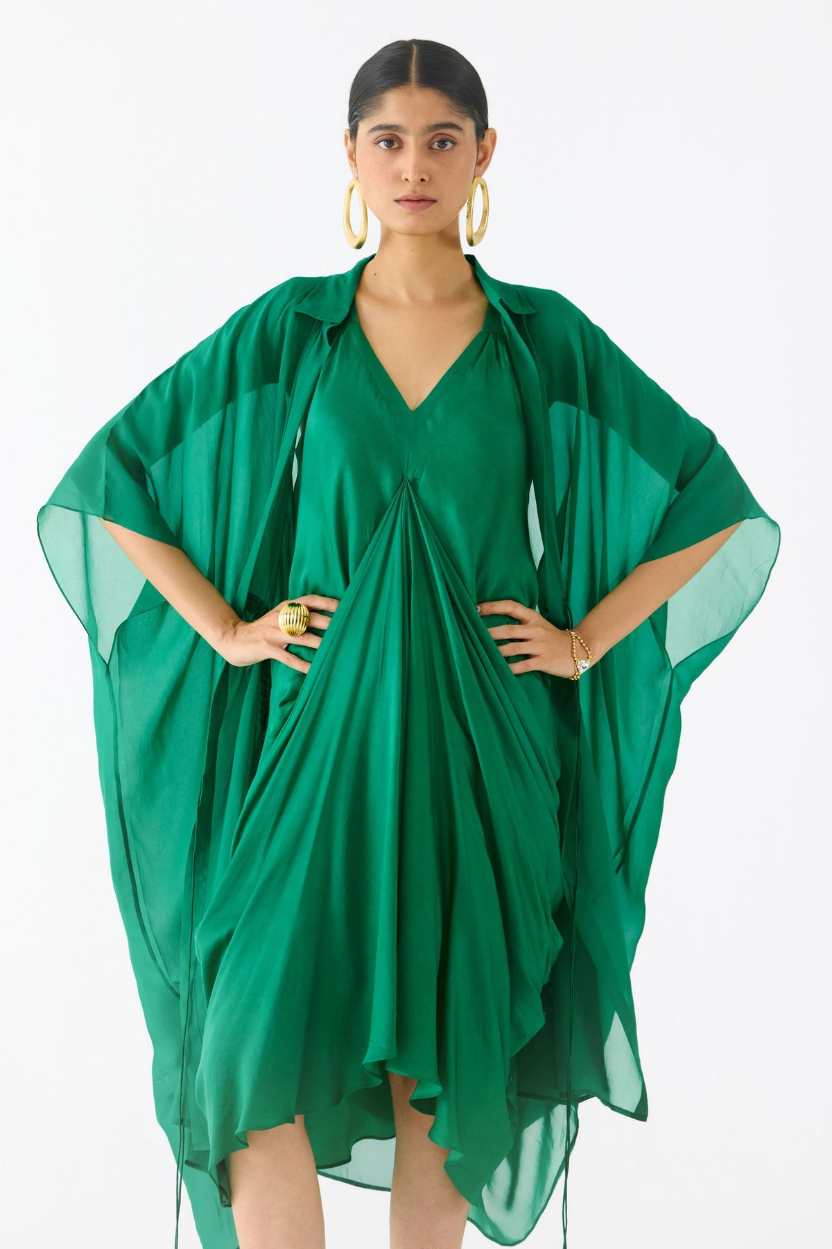 Emerald Midi Dress With Organza Cape