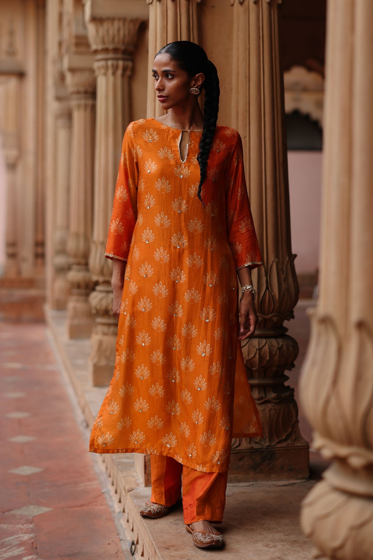 Orange Embroidered Kurta Set