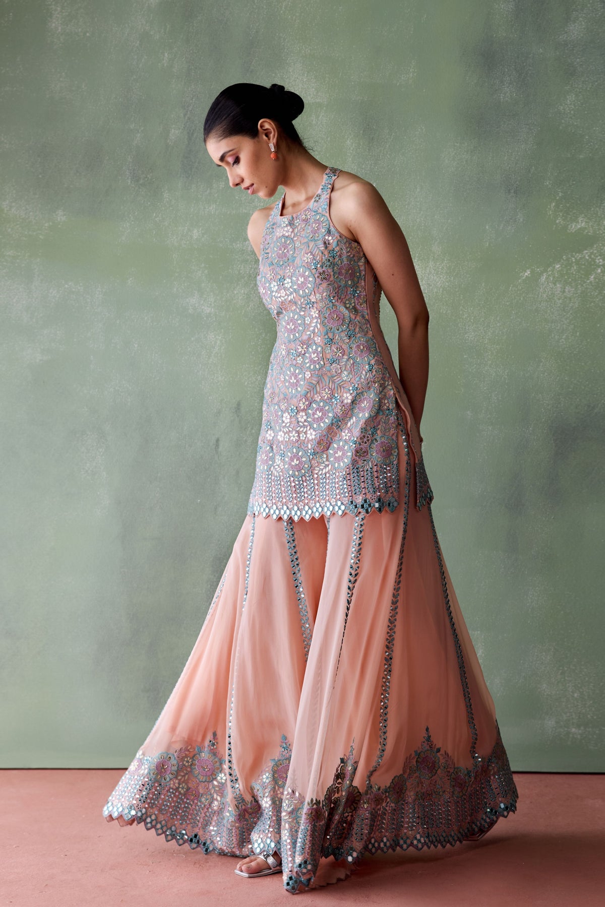 Peach Organza Kurta Sharara Set