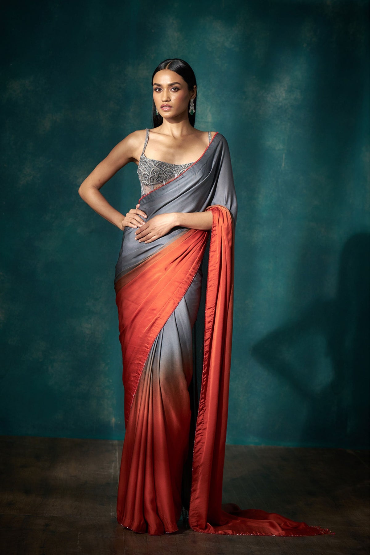 Grey Orange Ombre Saree Set