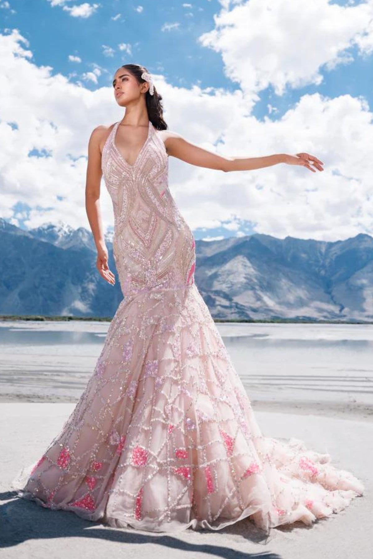 Multicolor pink mermaid flare gown