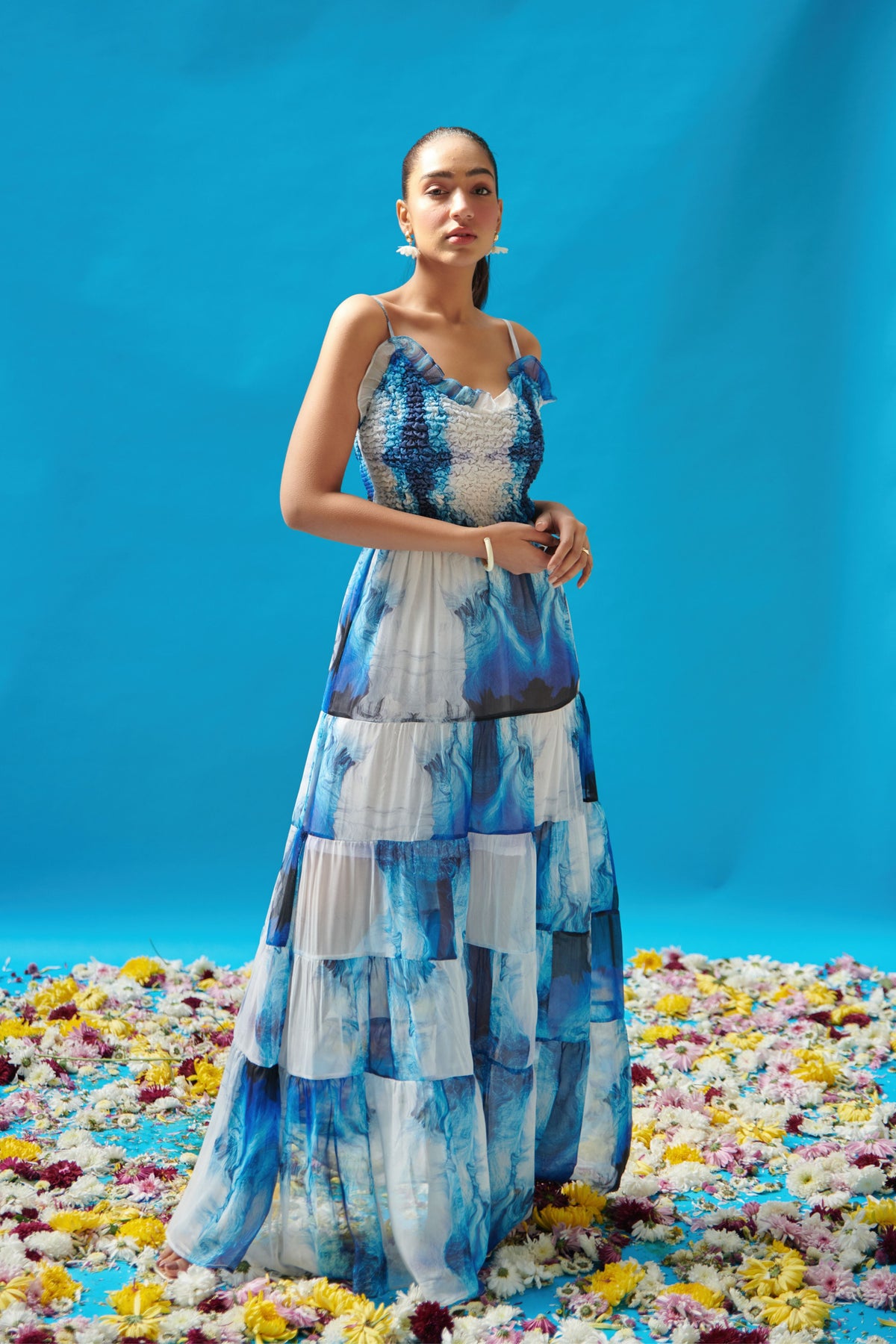 Blue Wave Printed Strappy Long Dress