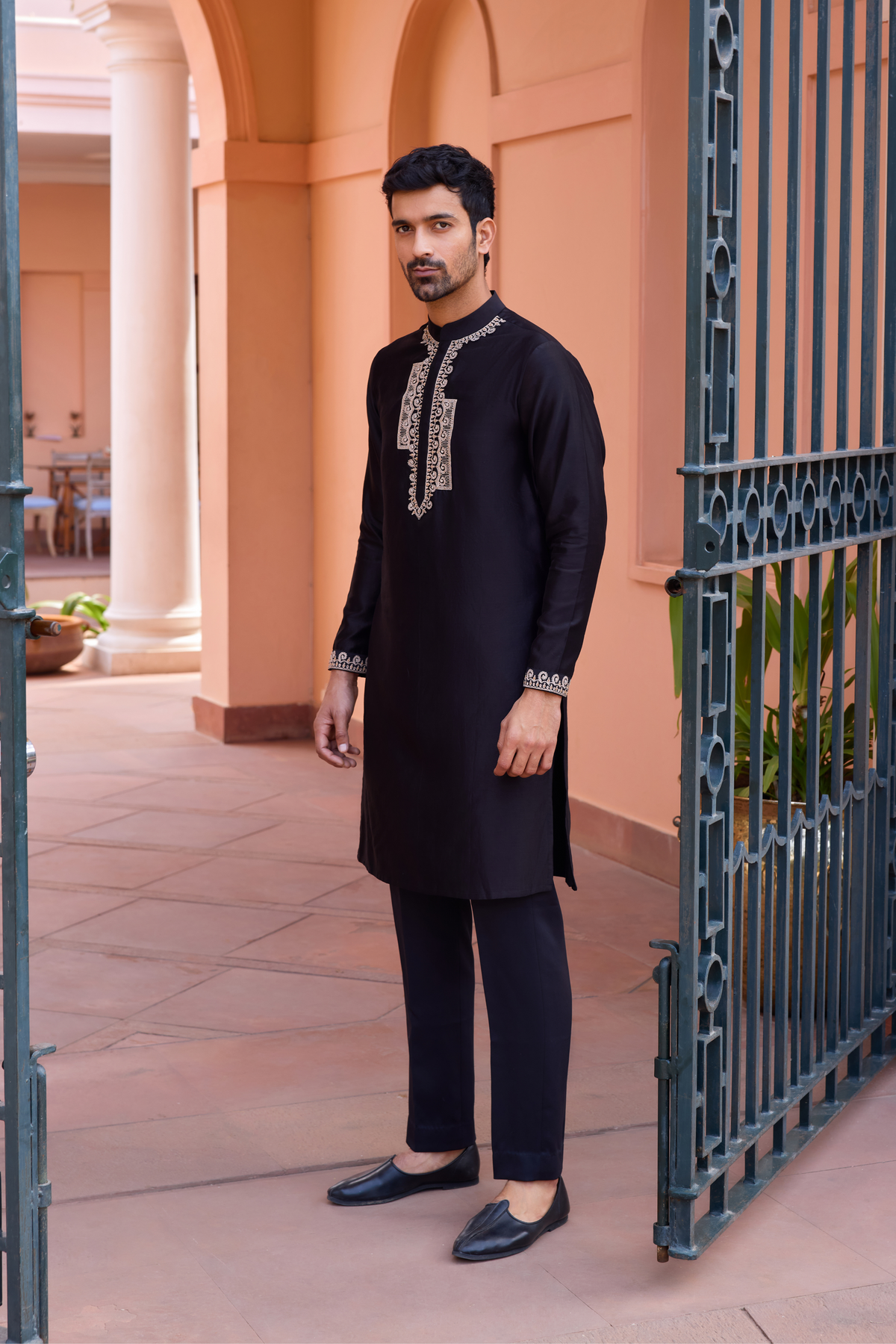 Black dori and hand embroidered silk kurta