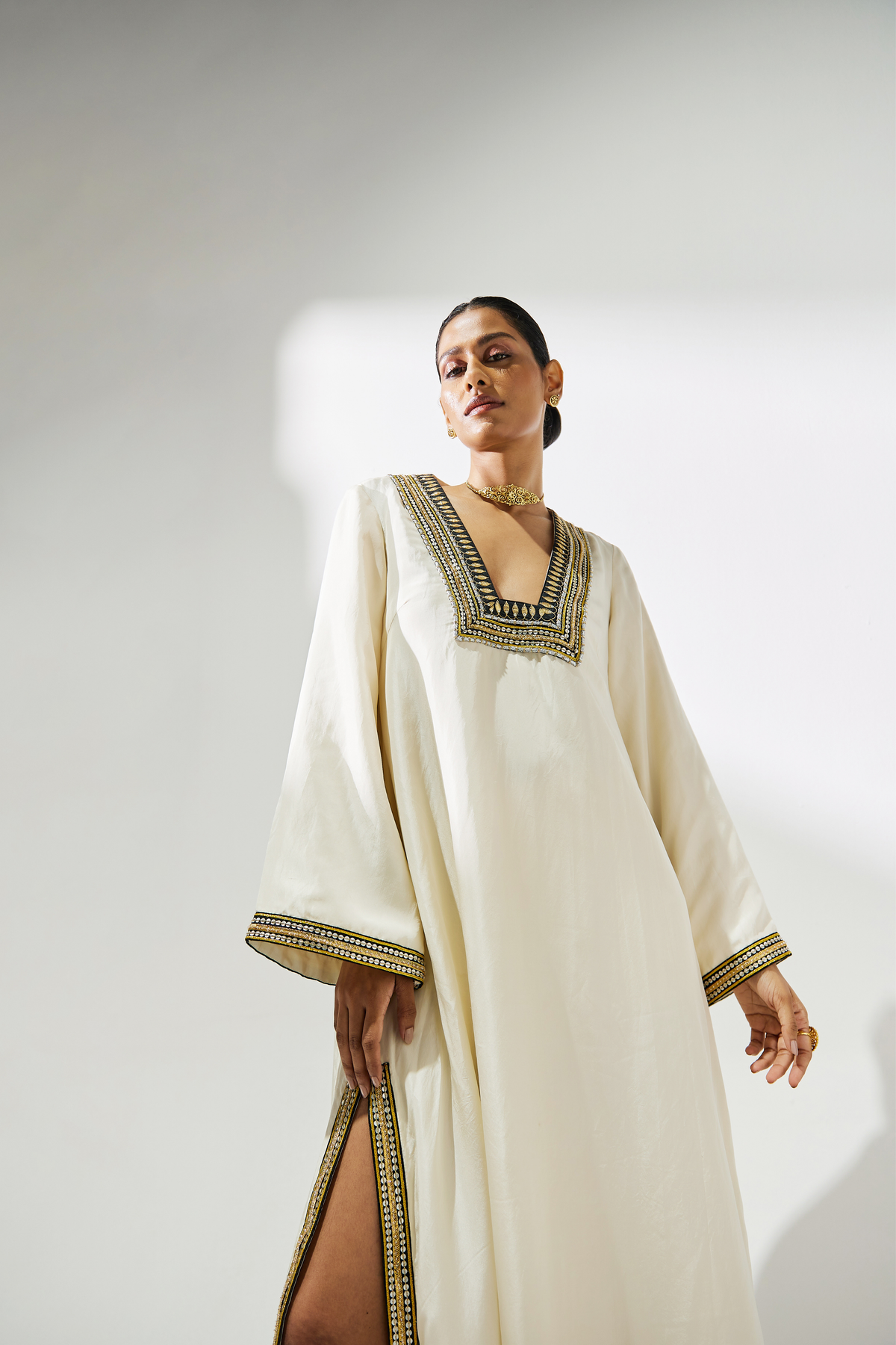 Ivory And Black Silk Kaftan