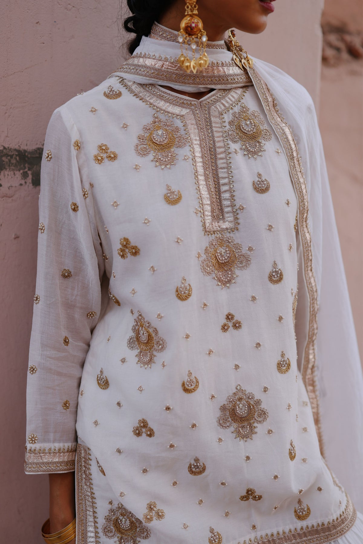 White Halfmoon Sharara Set