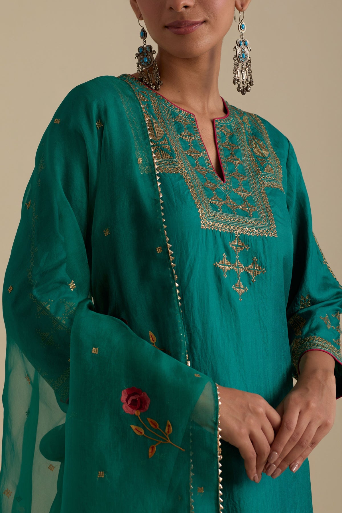 Persian Green Silk Straight Kurta Set