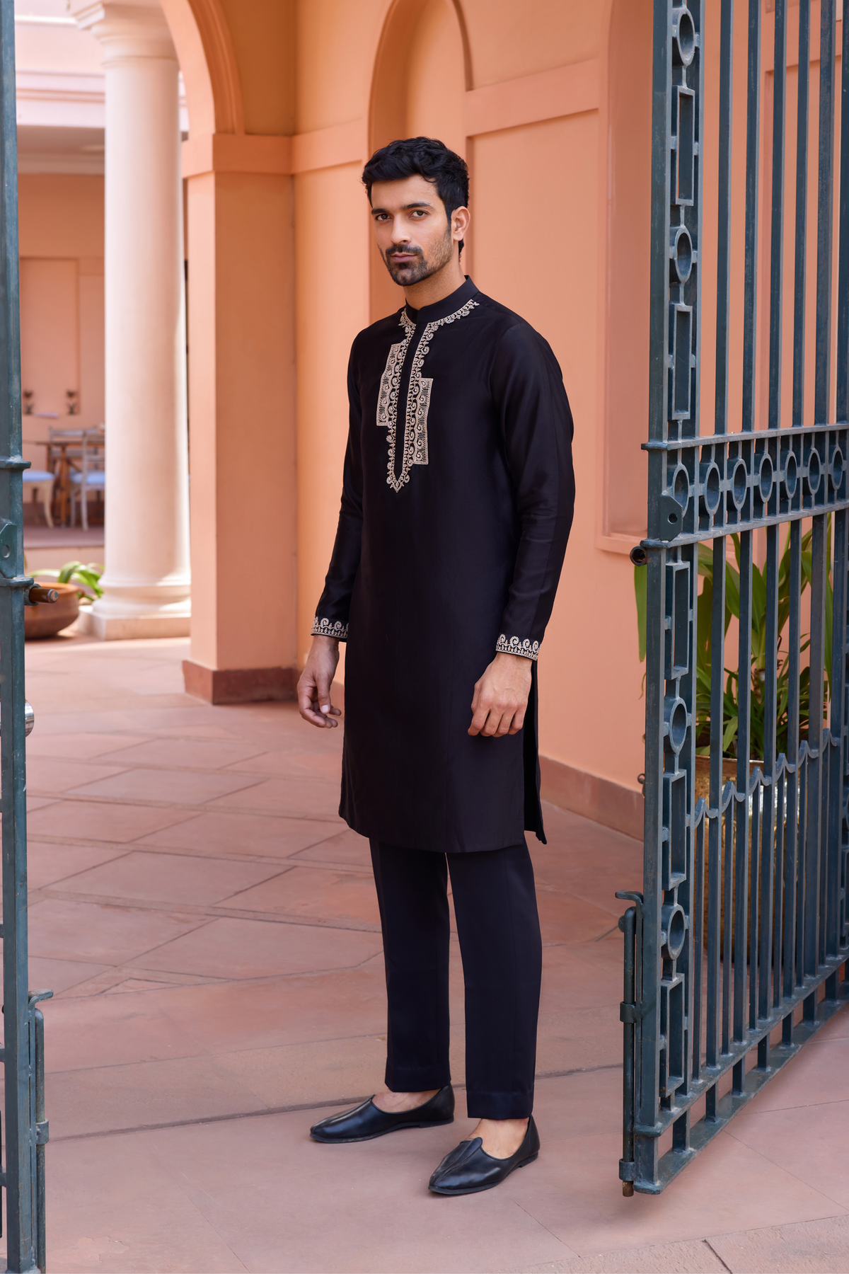 Black dori and hand embroidered silk kurta set