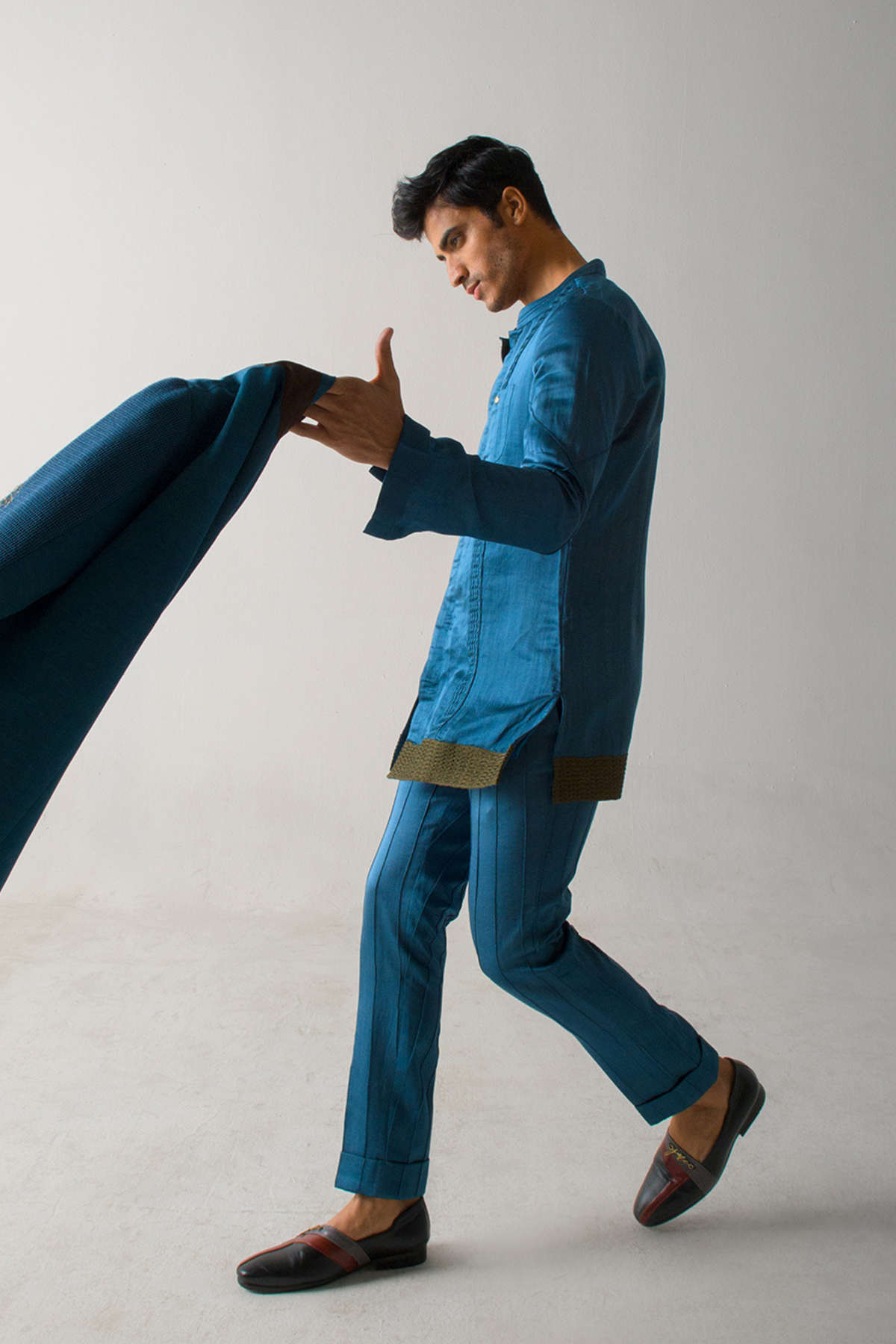 Teal Blue Kurta with Olive Pintuck Hem