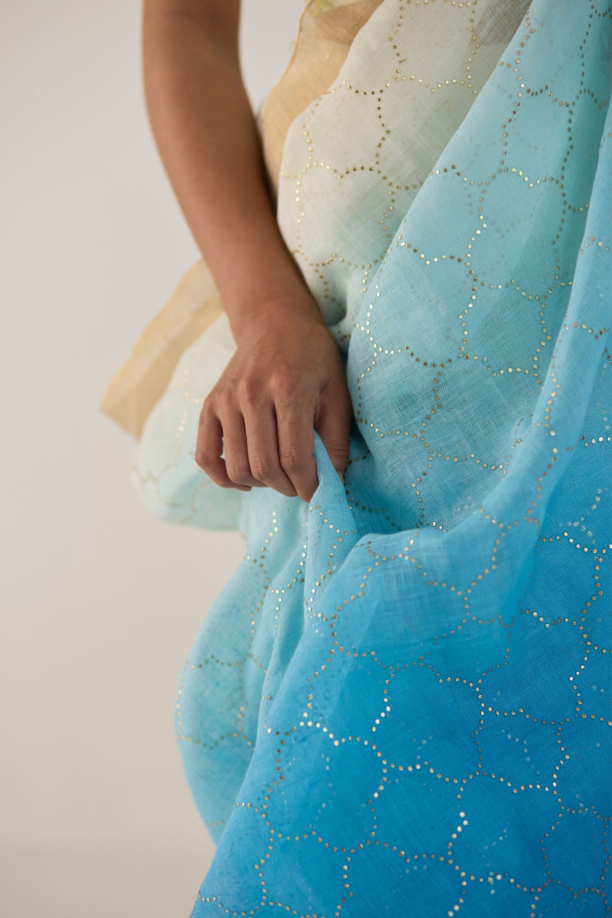 Blue Ombre Sari With Gold Dot Print