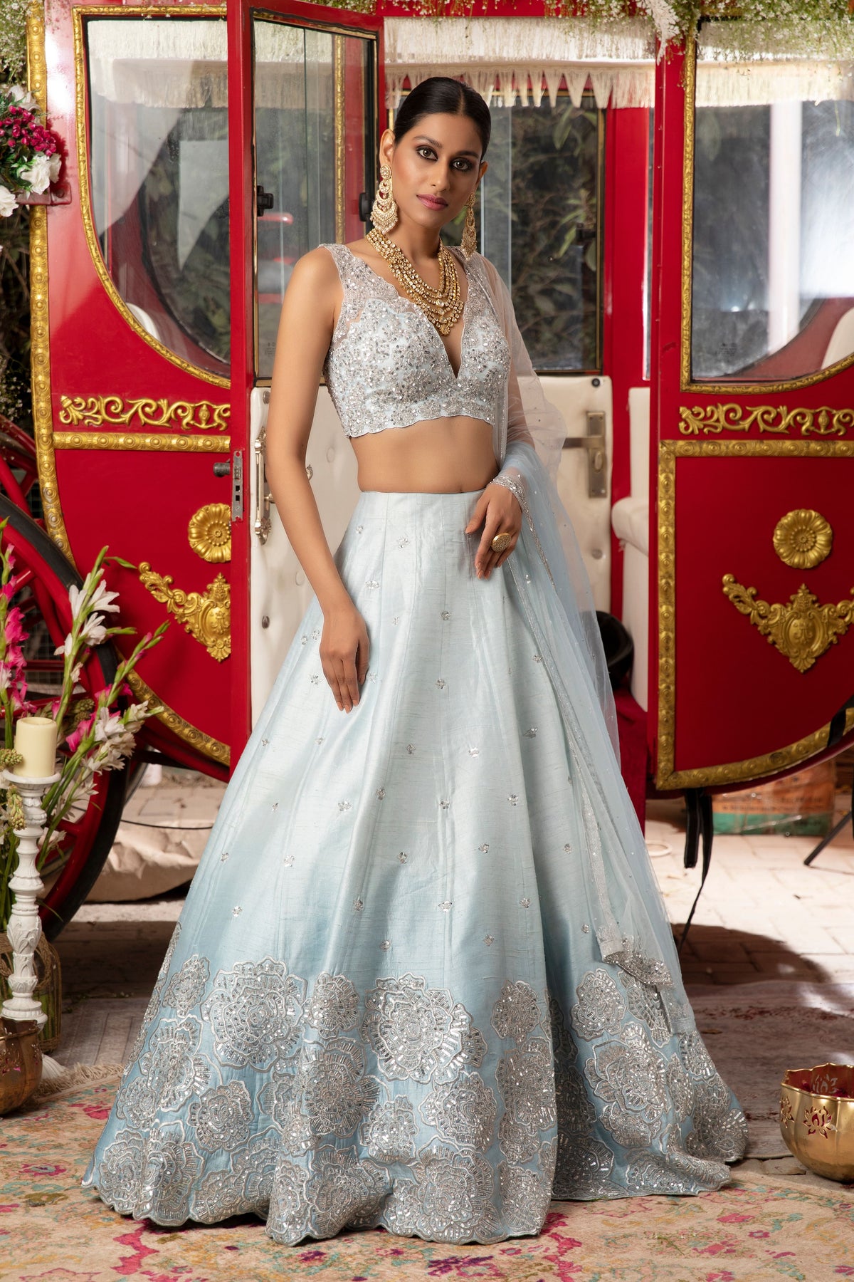 Sky Blue Roses Floral Lehenga