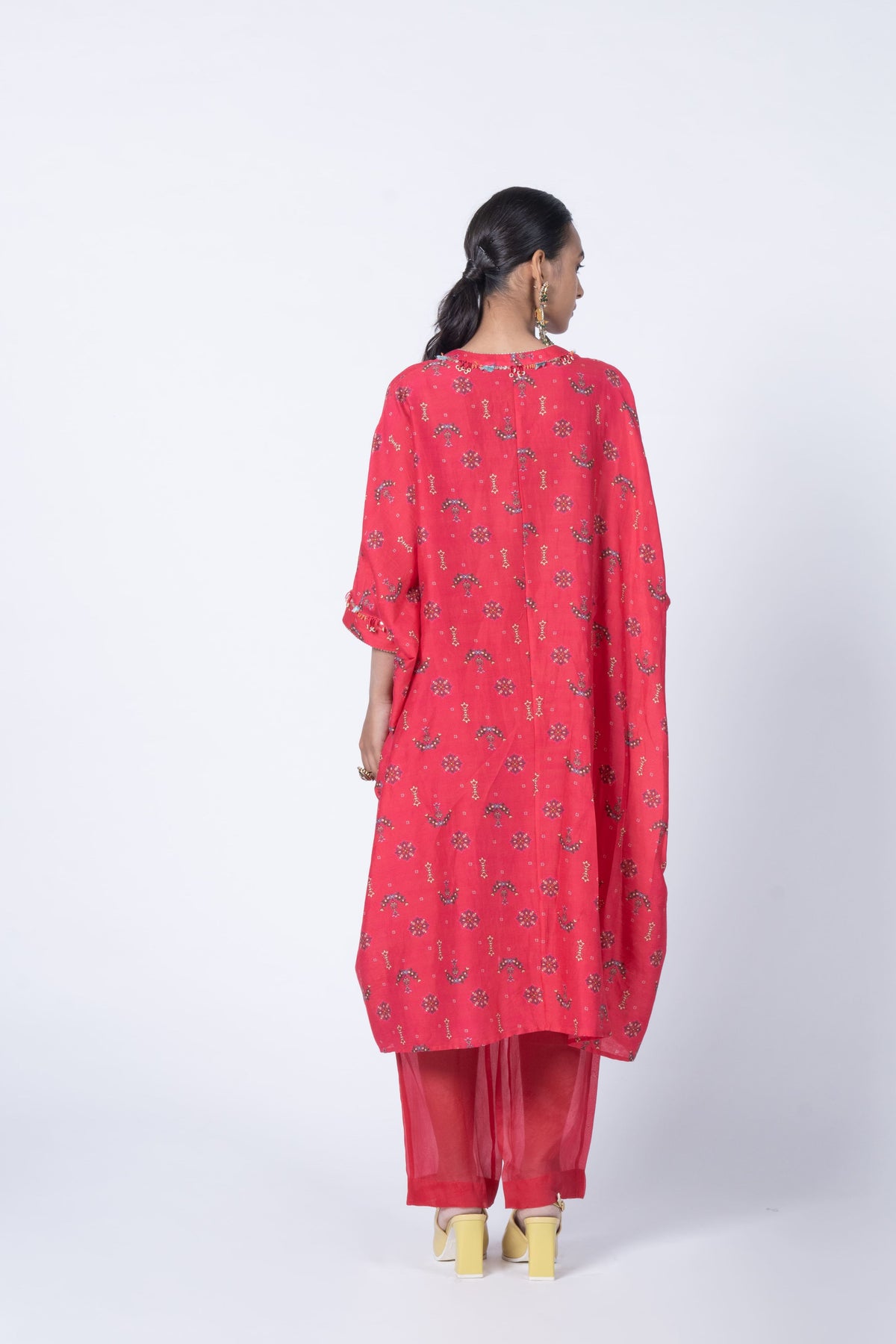 Red Embellished Kaftan Shirt Set