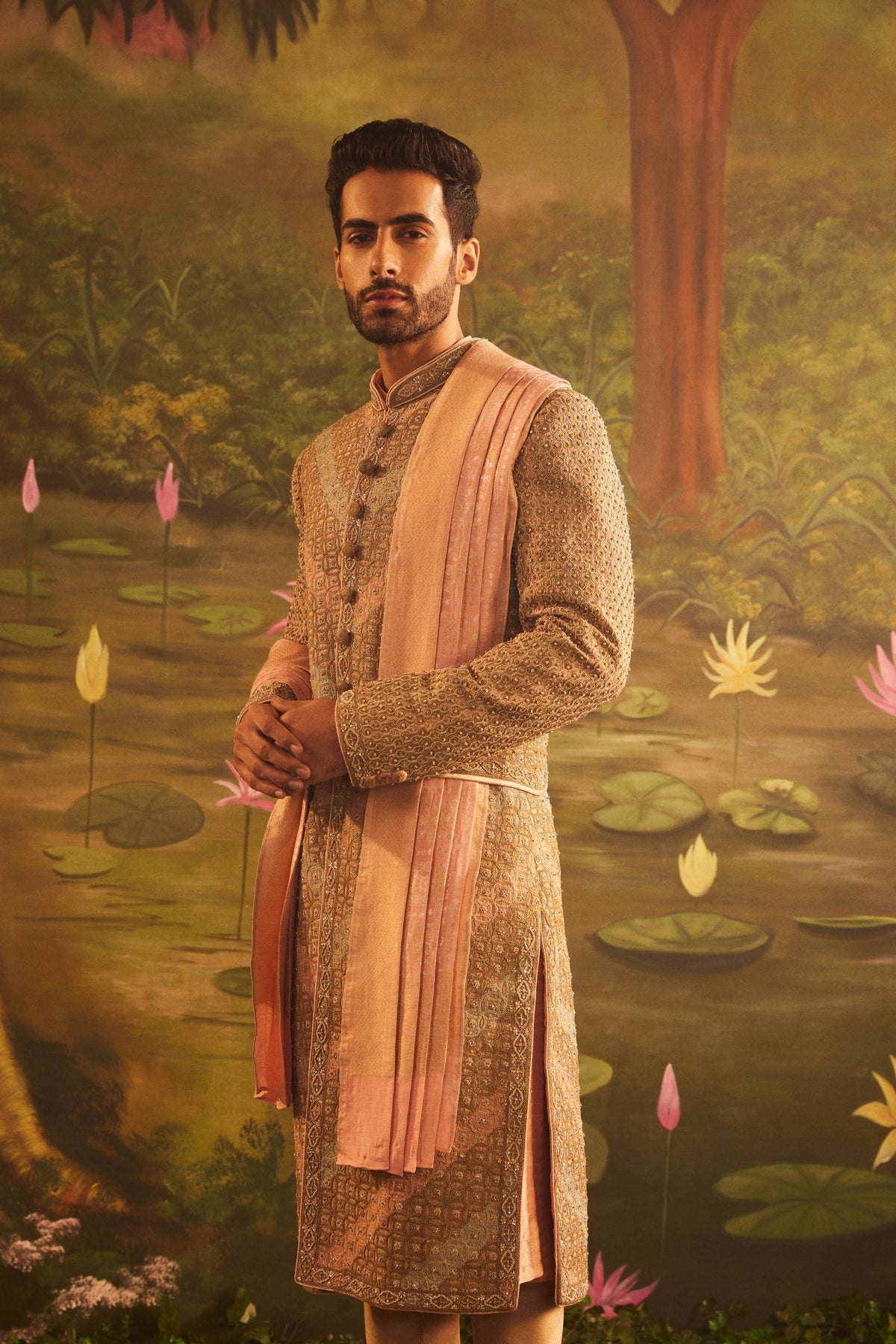 Golden Pink Raw Silk Sherwani