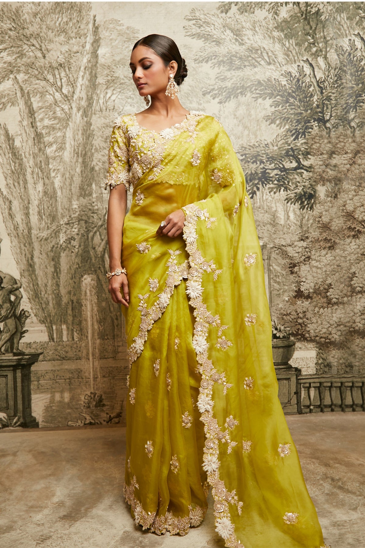 Lime Green Organza Saree Set