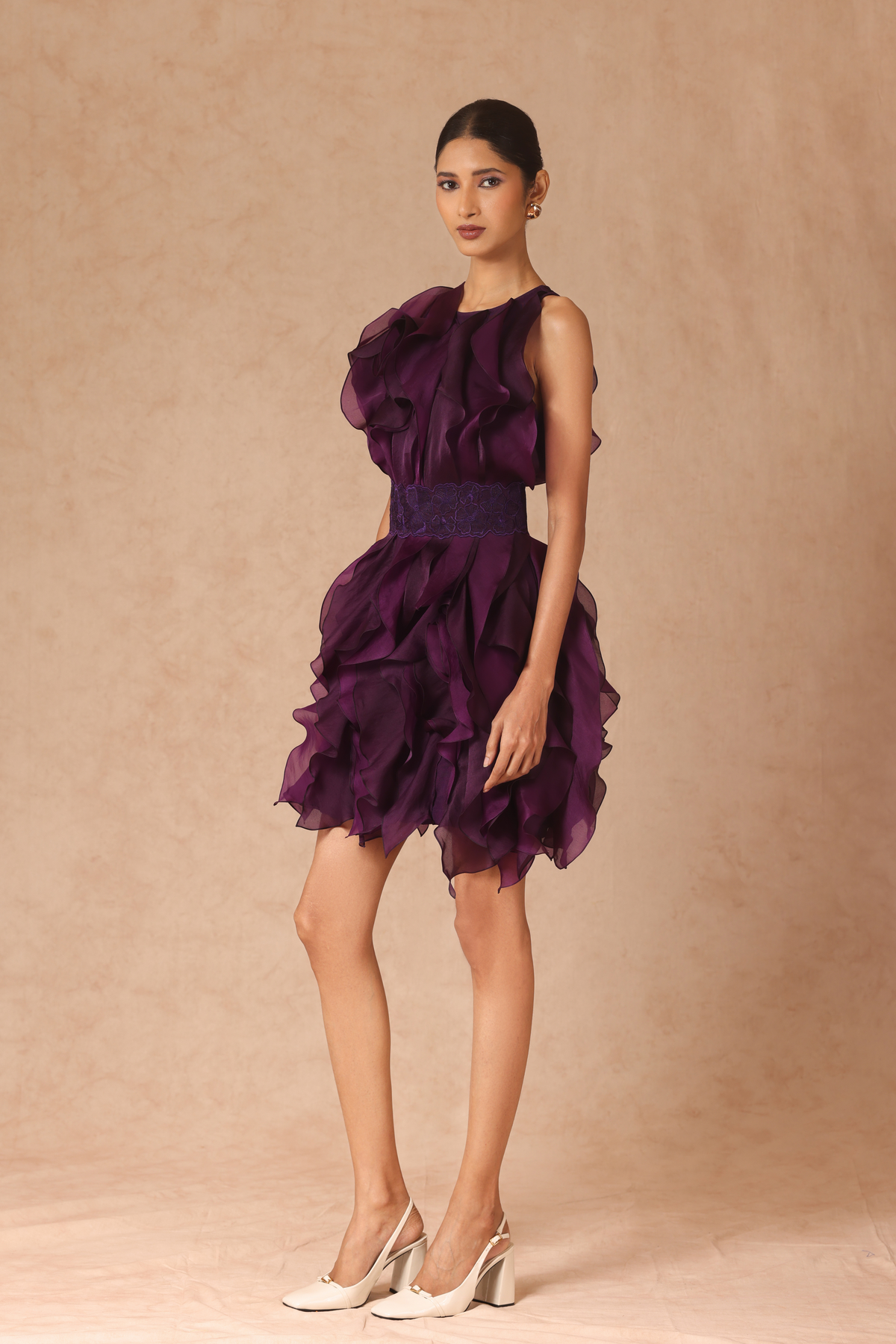 Purple Rosette Ruffle Dress With Belt