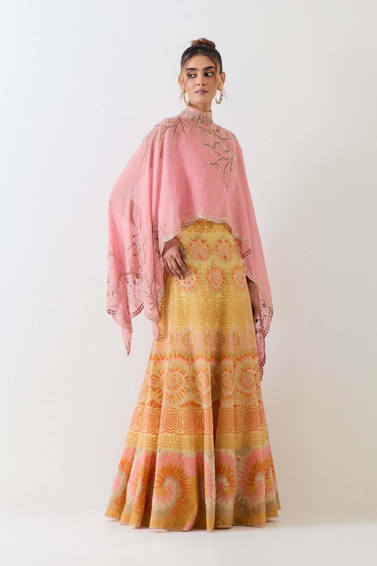 Chanderi Pink Yellow Cape Set