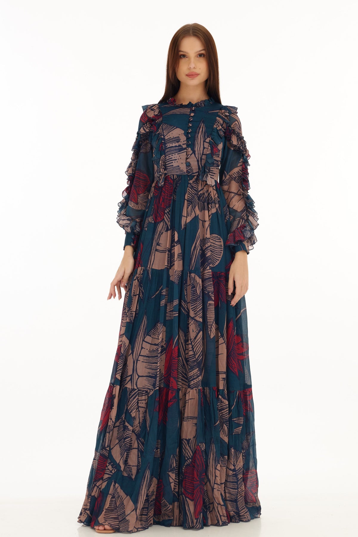 Multicolour Floral Frill Long Dress