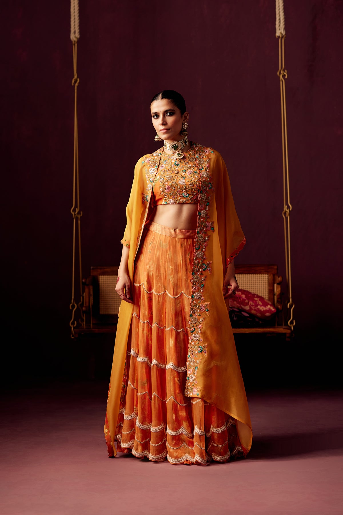 Burnt Orange Layered Lehenga Set