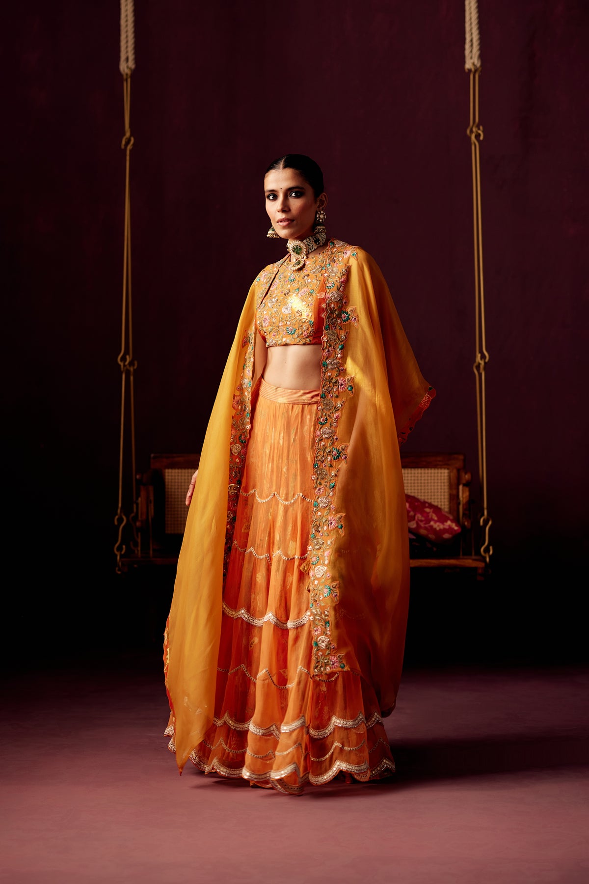 Burnt Orange Layered Lehenga Set