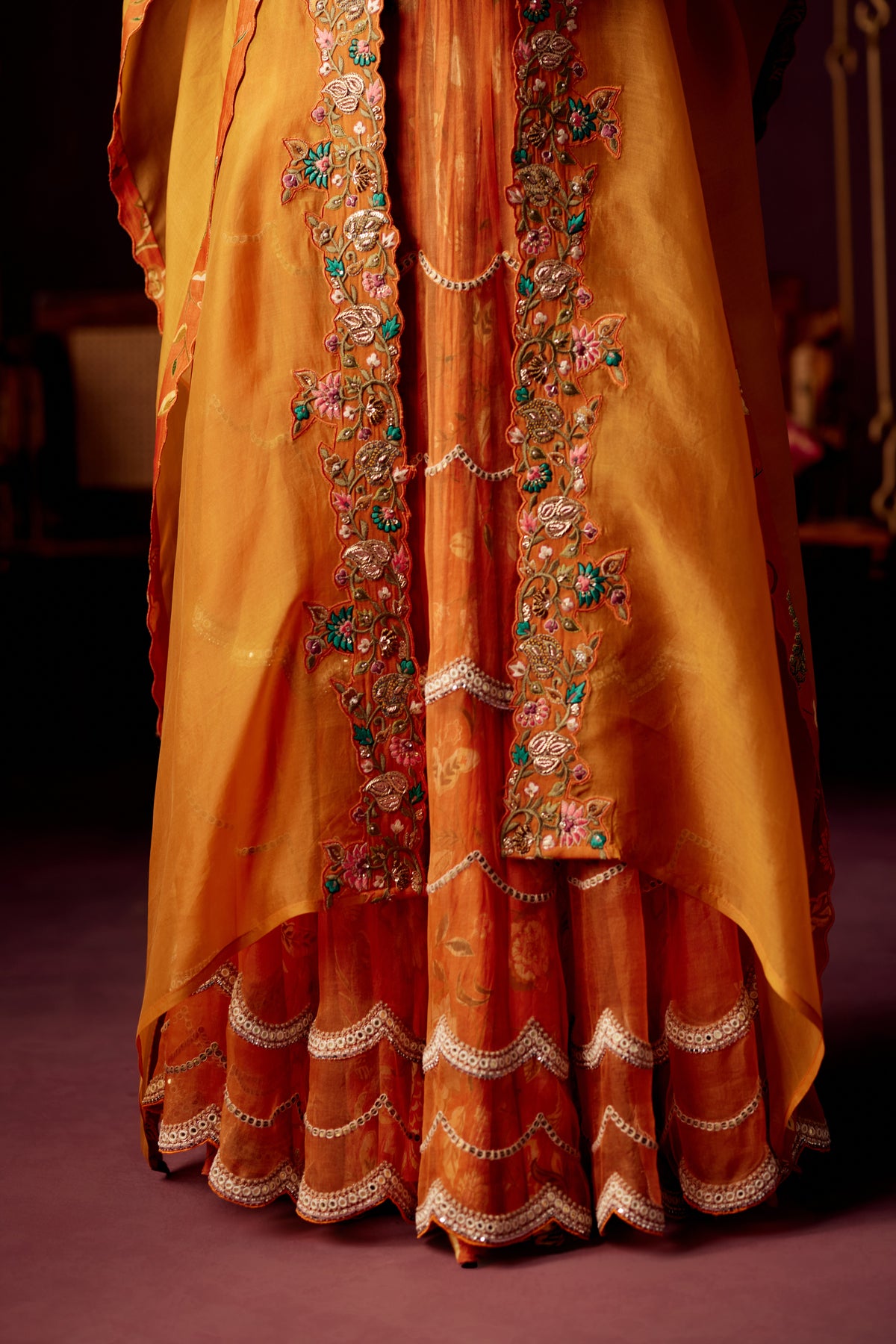 Burnt Orange Layered Lehenga Set