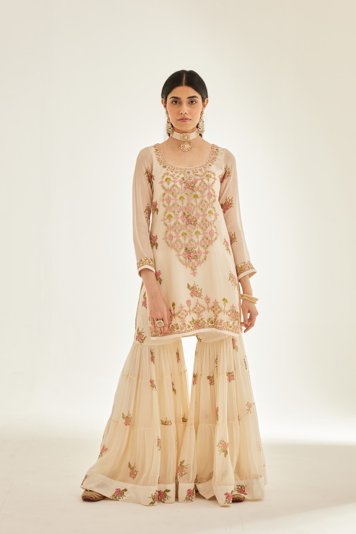 White Block Printed Embroidered Sharara Set