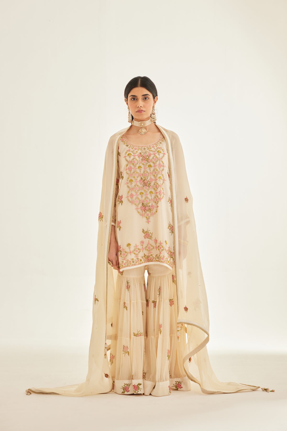 White Block Printed Embroidered Sharara Set