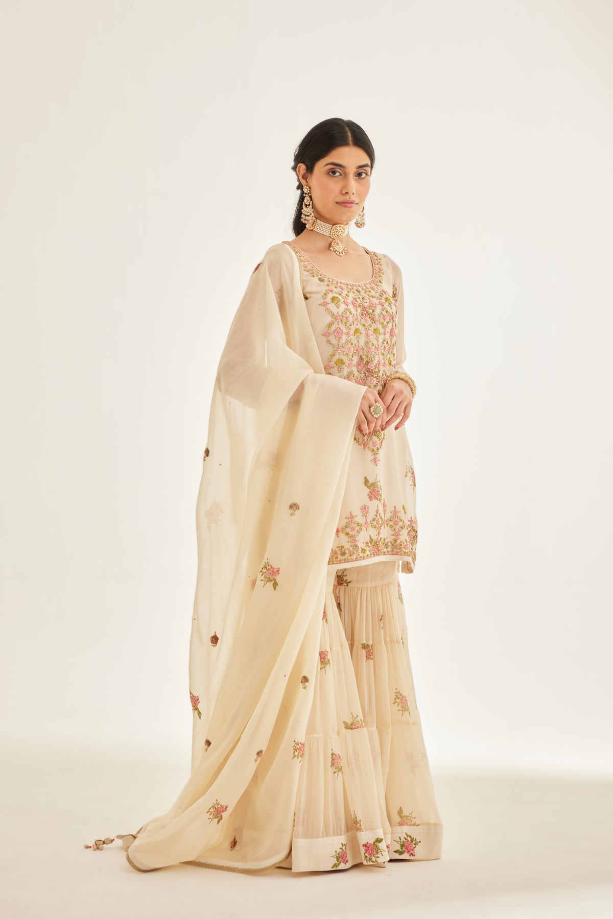 White Block Printed Embroidered Sharara Set