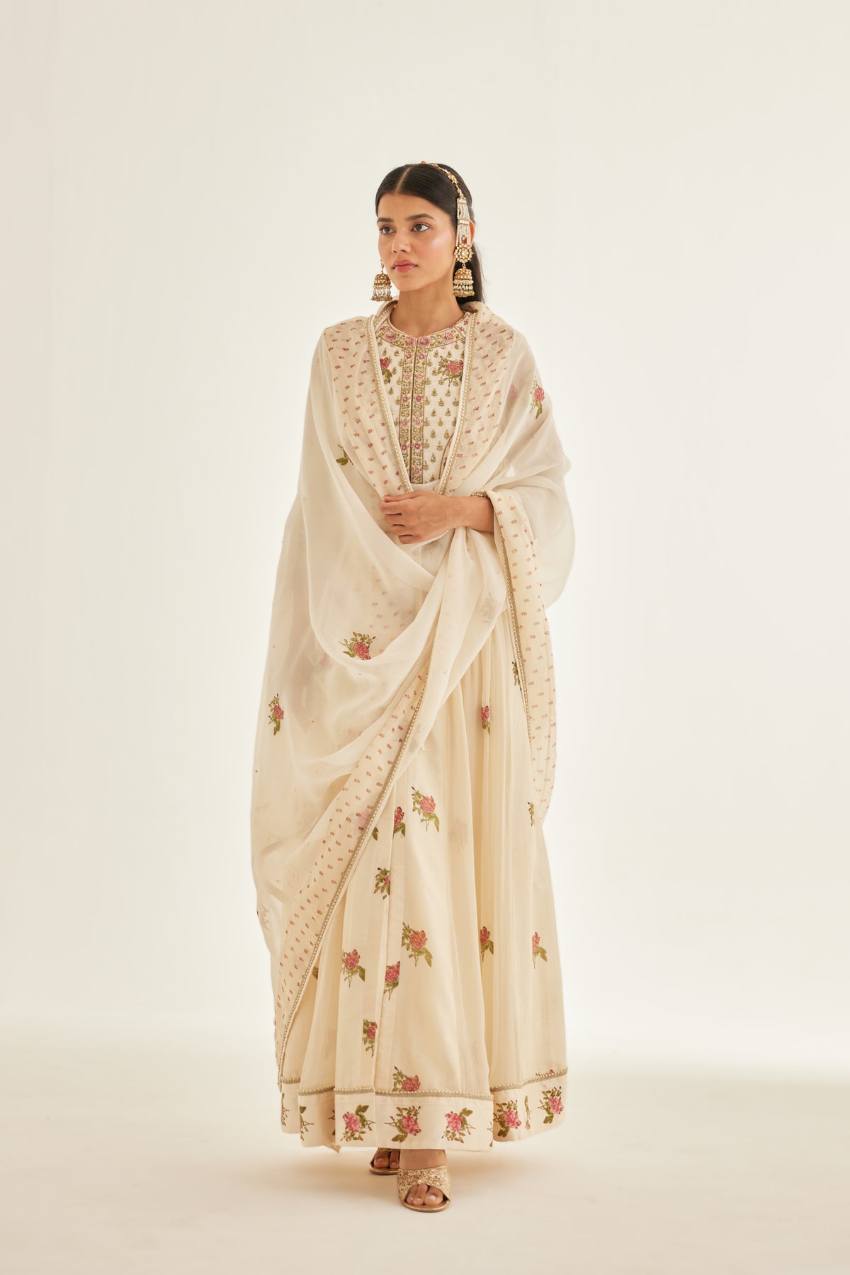 Block Printed Embroidered White Anarkali Set