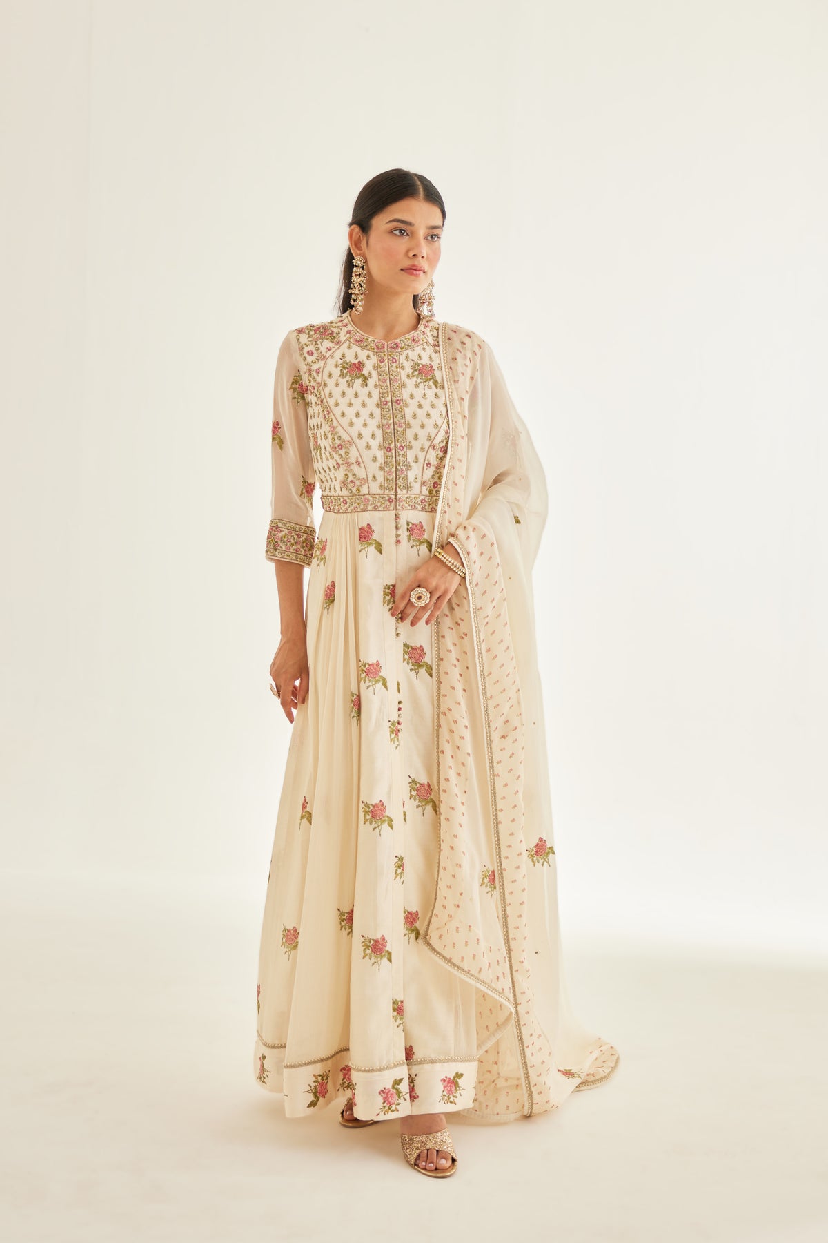 Block Printed Embroidered White Anarkali Set