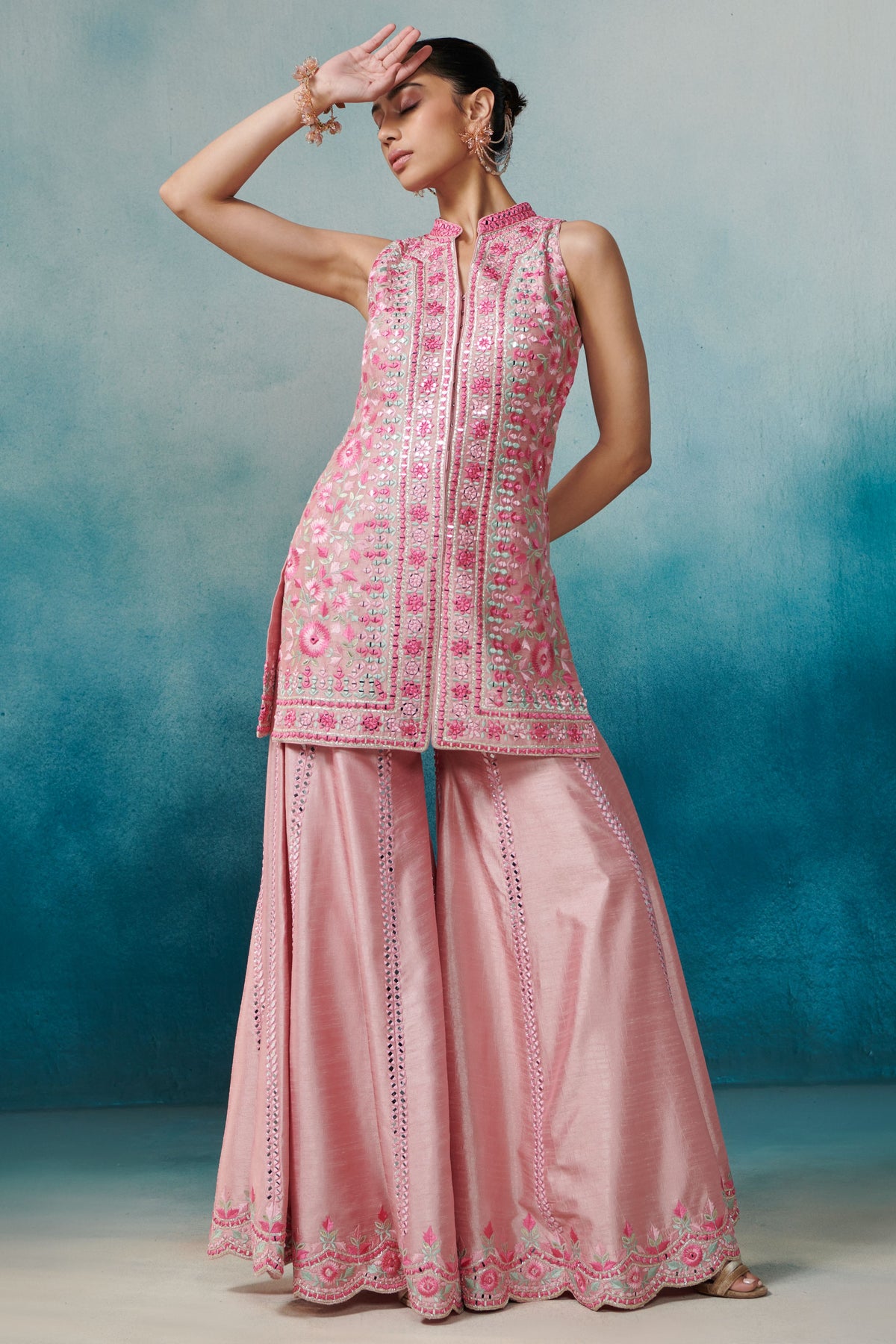 Pink Front Open Kurta Garara Set