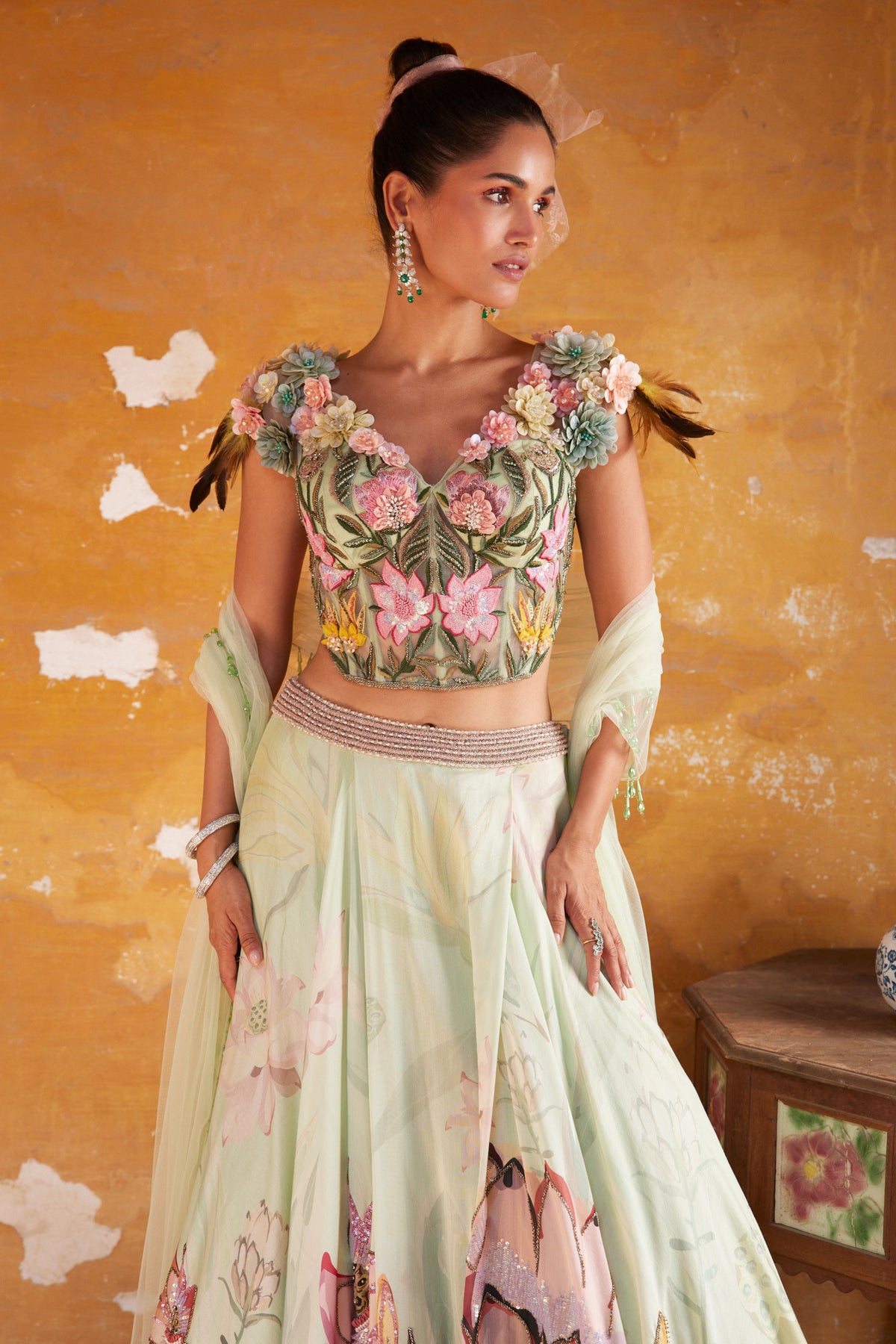 Tea Green Floral Lehenga Set