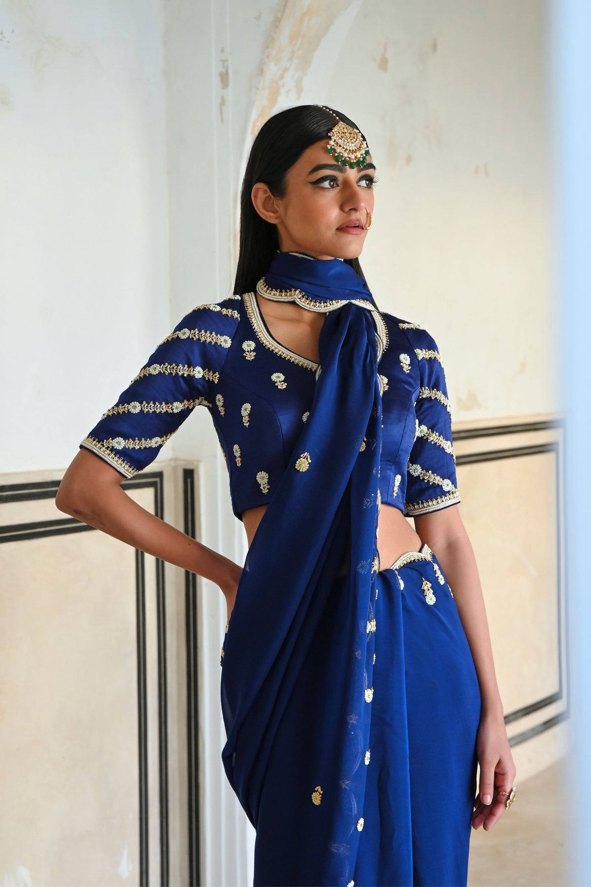 Royal Blue Embroidered Saree Set