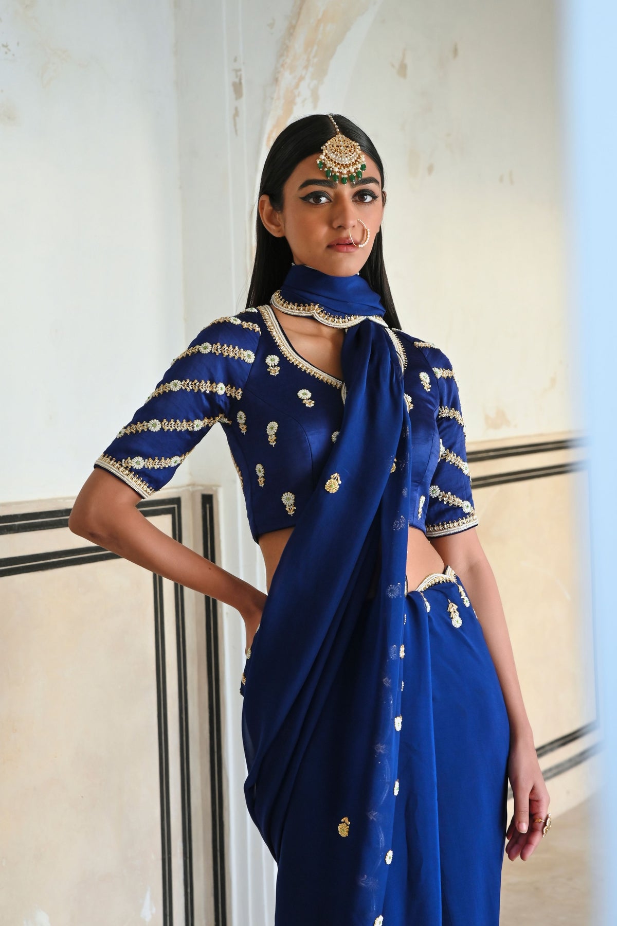 Royal Blue Embroidered Saree Set