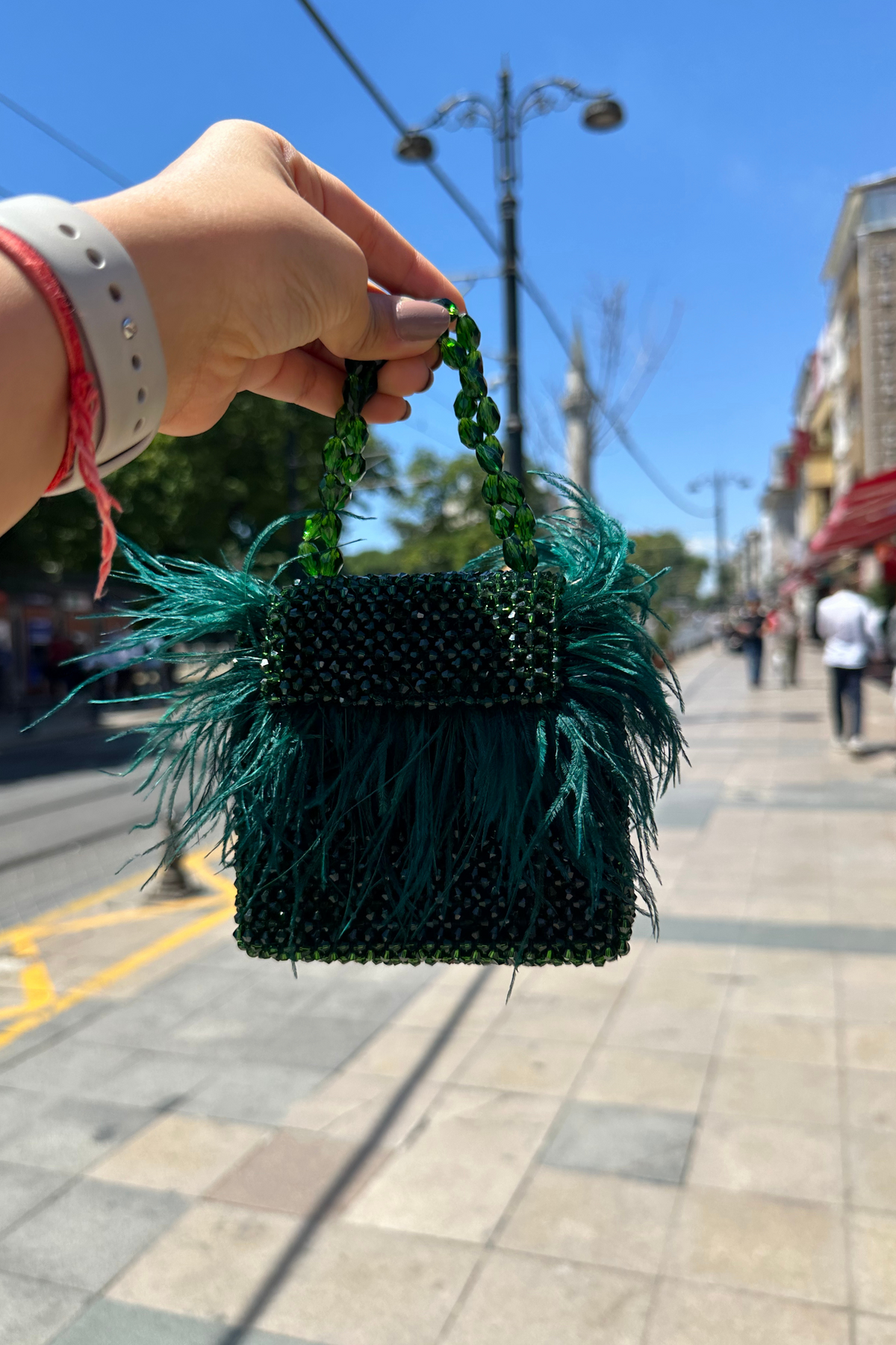 Natali Green Mini Bag With Feathers