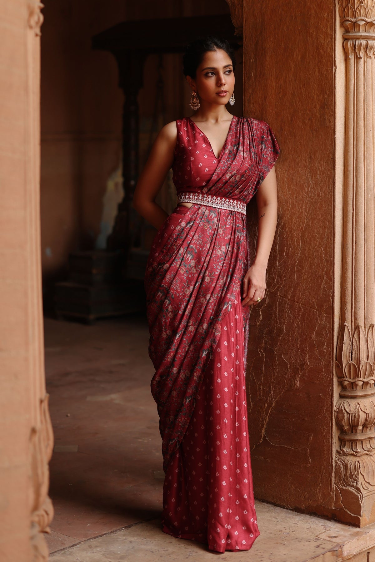 Red Printed Drape Saree Set