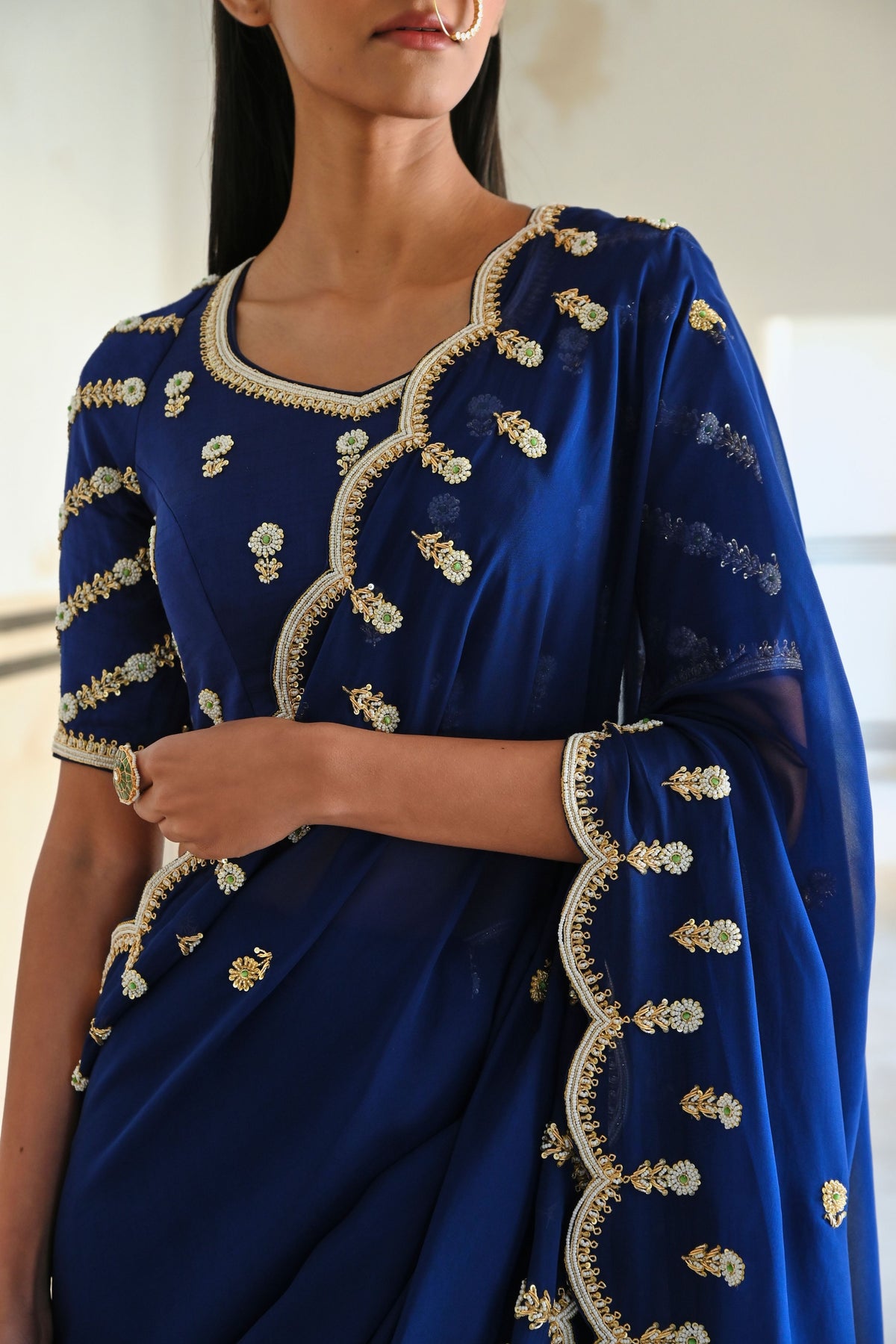 Royal Blue Embroidered Saree Set