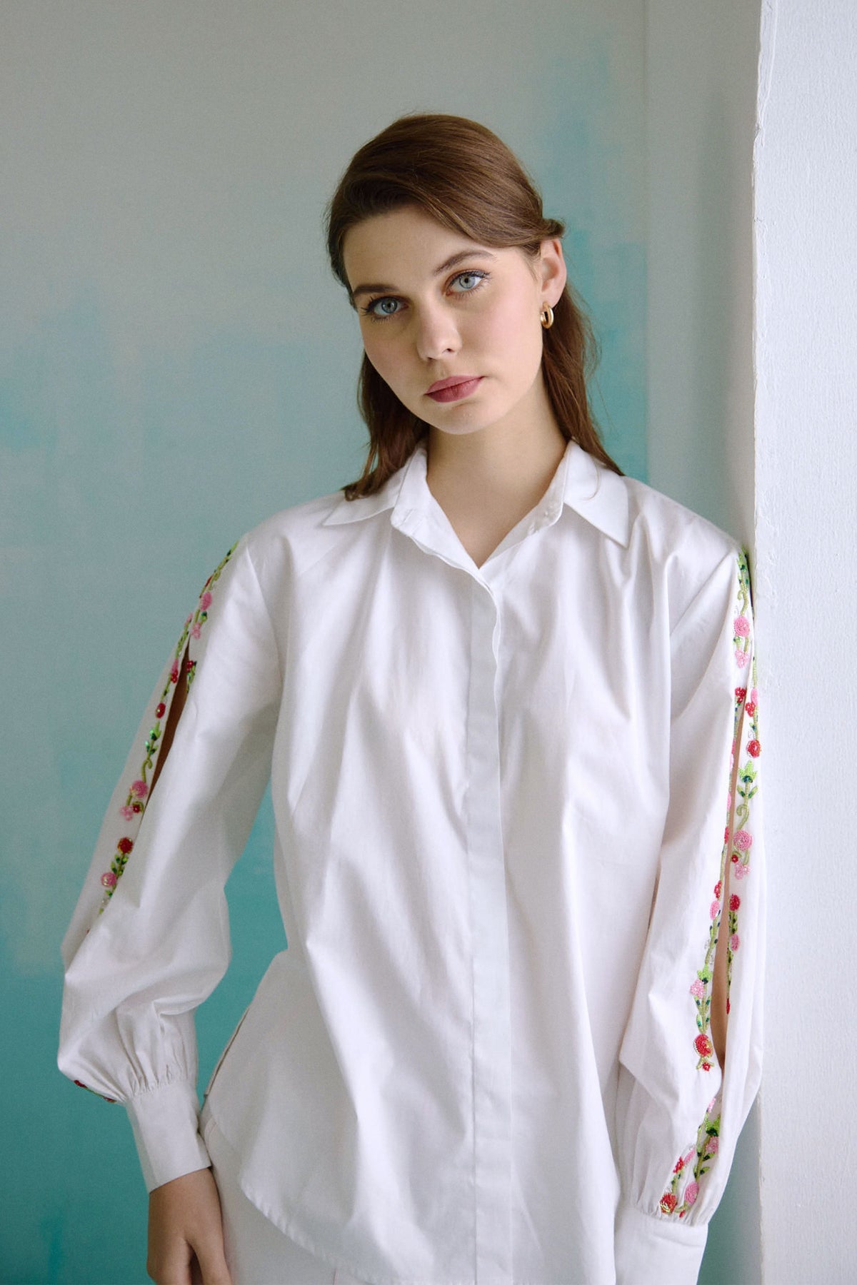 White Hand Embroidered Red Sequins Upbeat Shirt