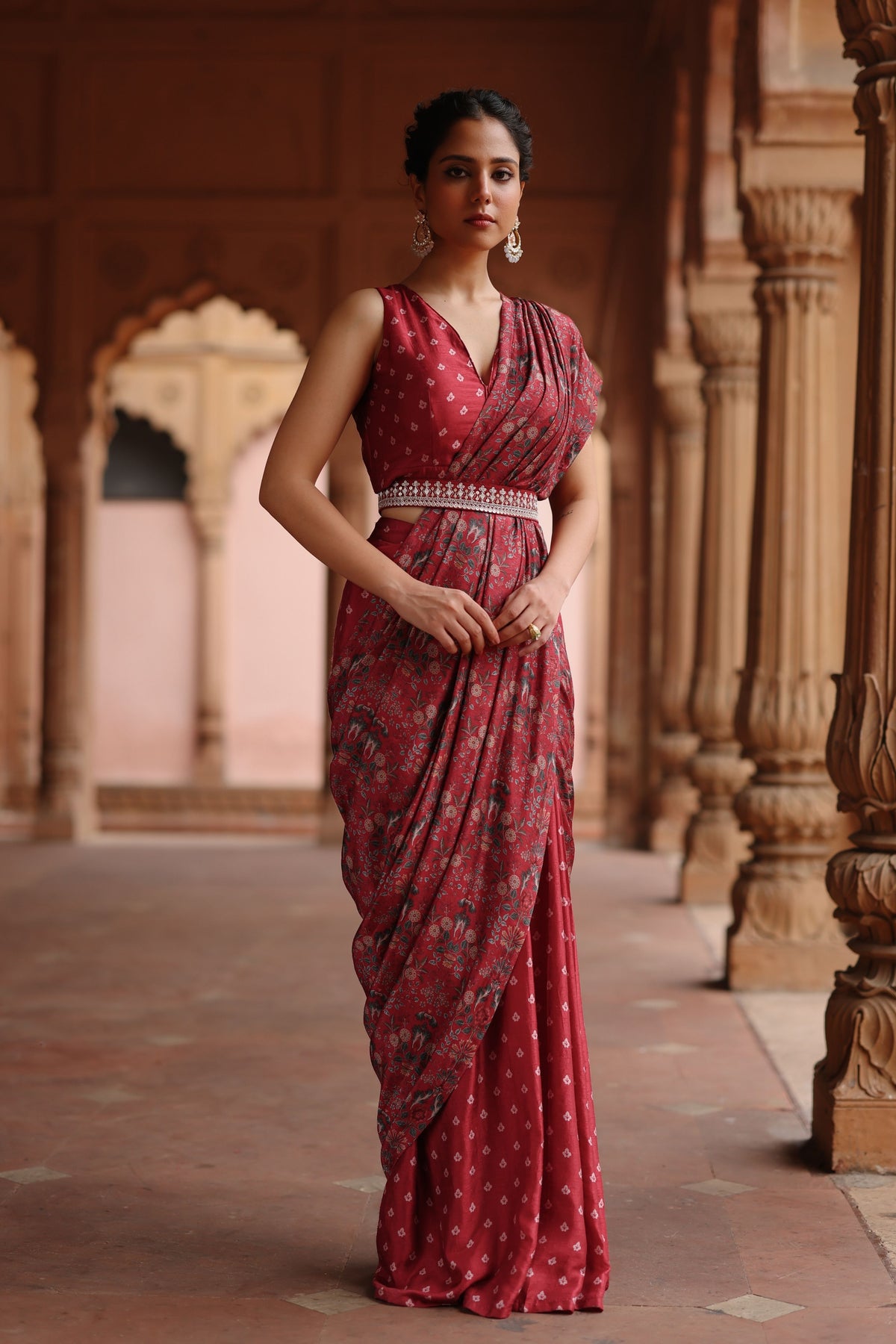 Red Printed Drape Saree Set