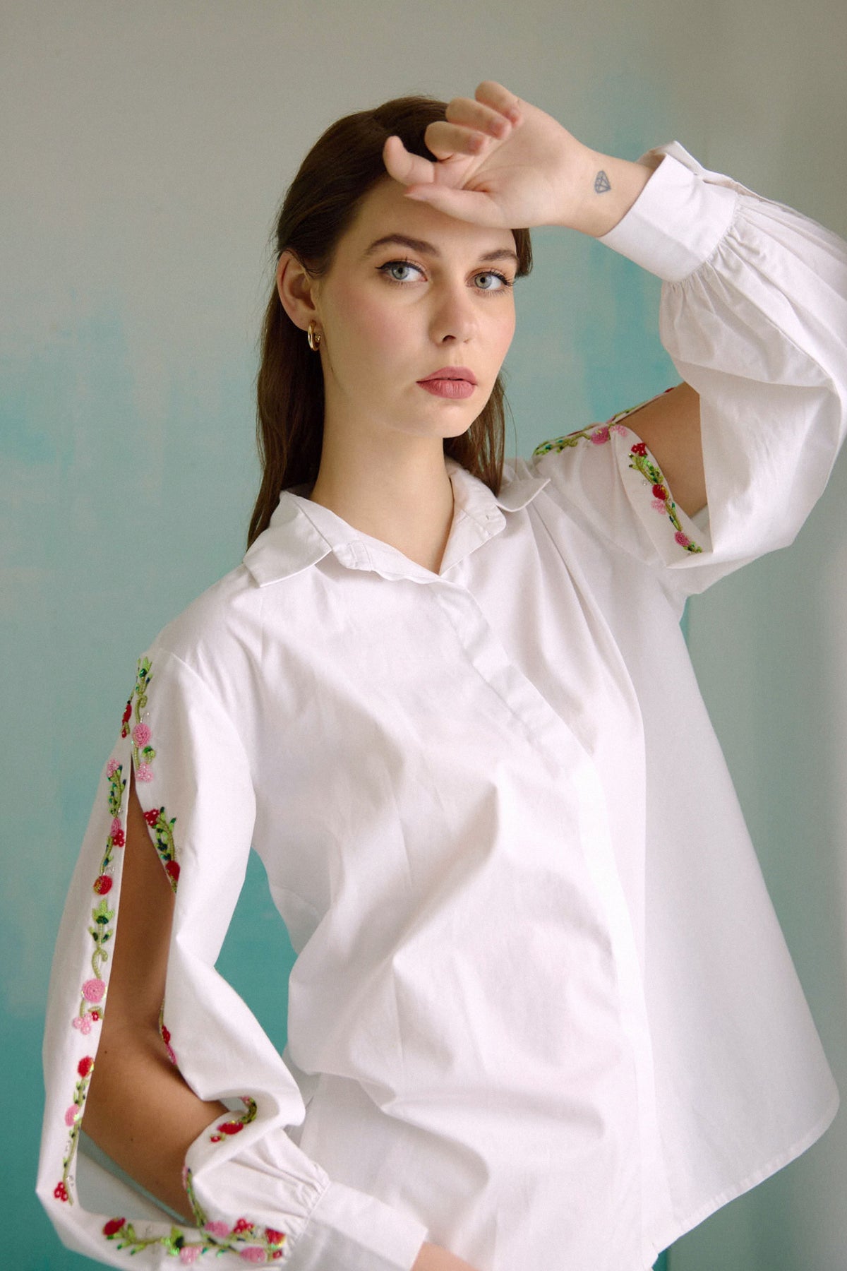 White Hand Embroidered Red Sequins Upbeat Shirt