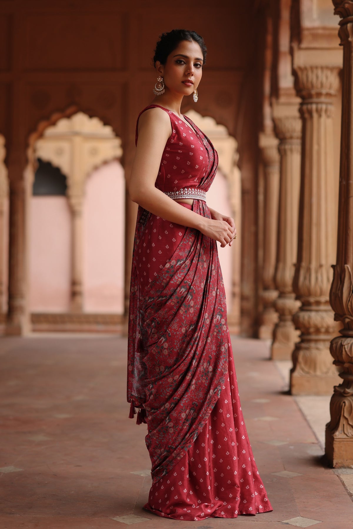 Red Printed Drape Saree Set