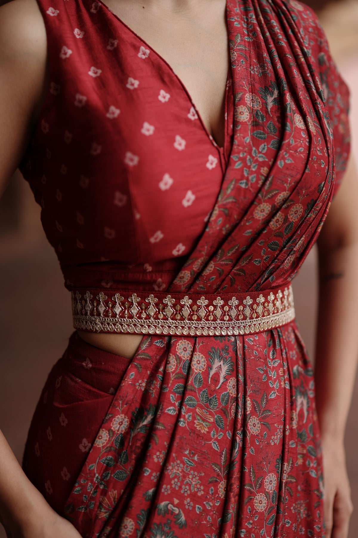 Red Printed Drape Saree Set