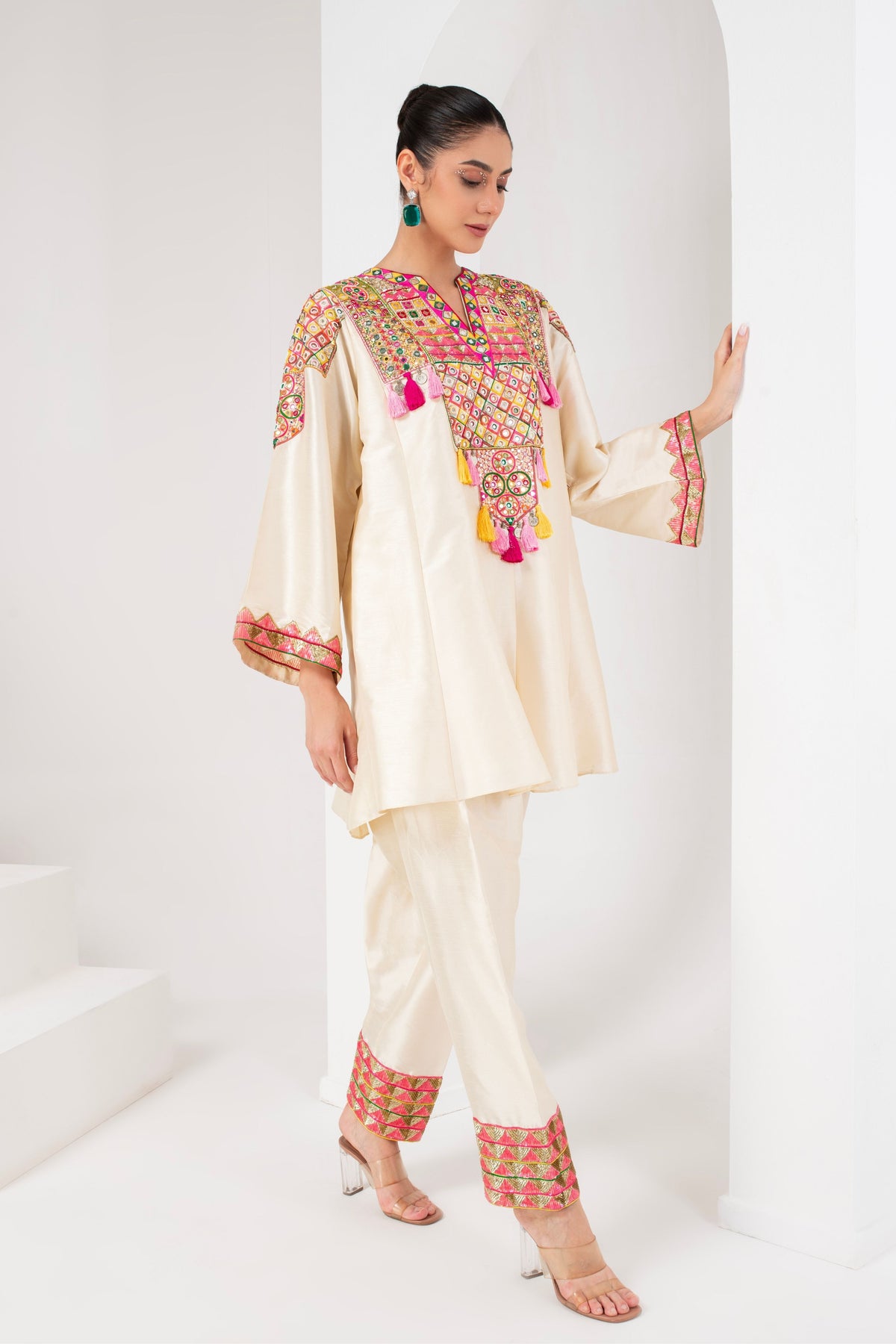 Ivory Embellished Short Kurta Set