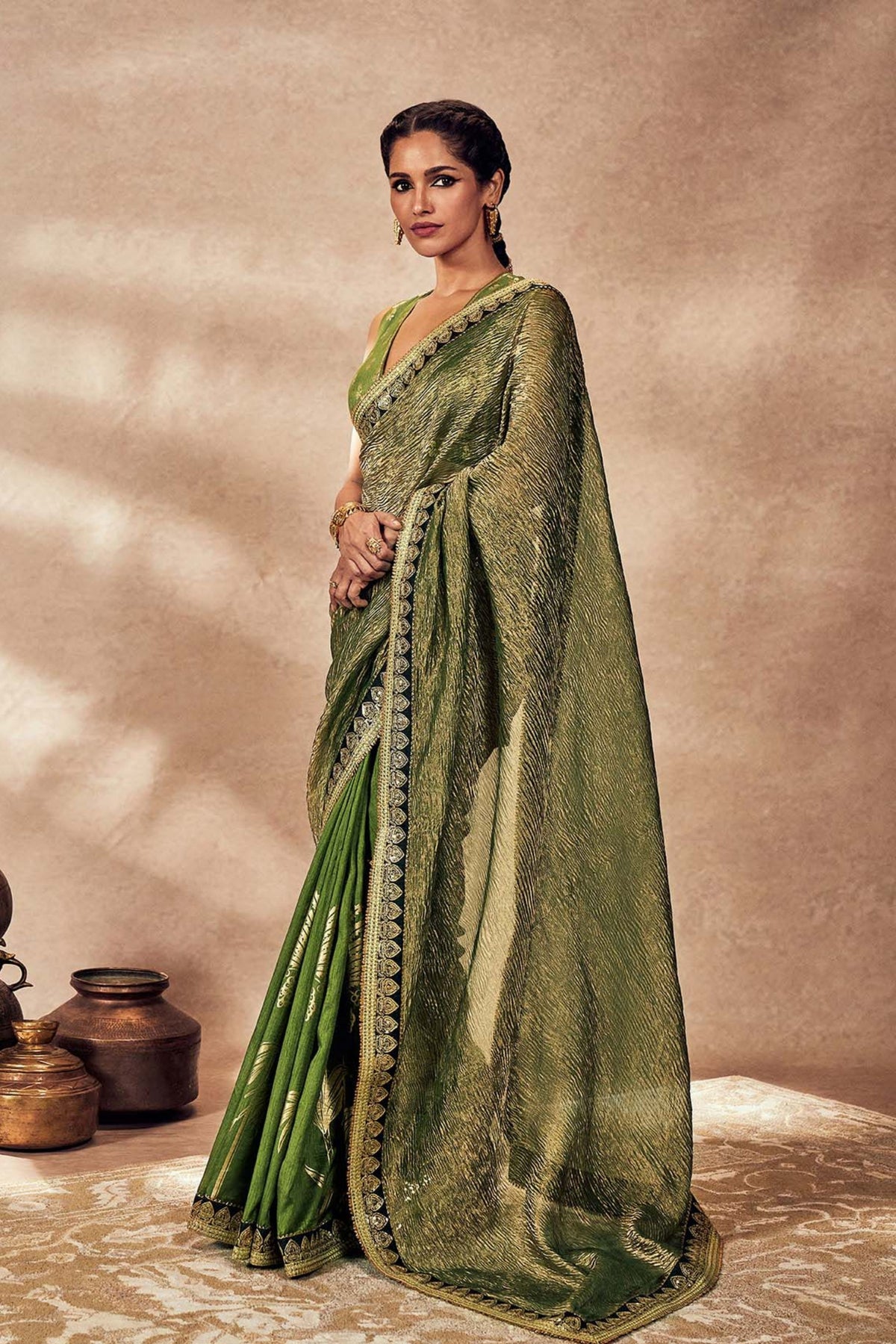 Green Palm Blooms Tissue Saree