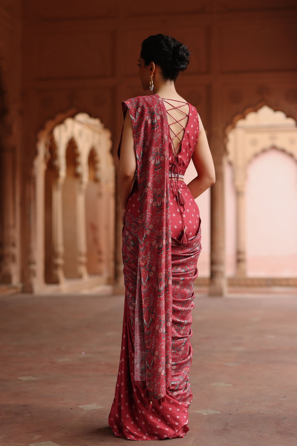 Red Printed Drape Saree Set