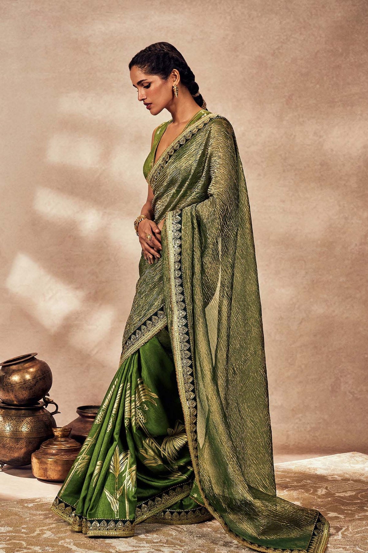 Green Palm Blooms Tissue Saree